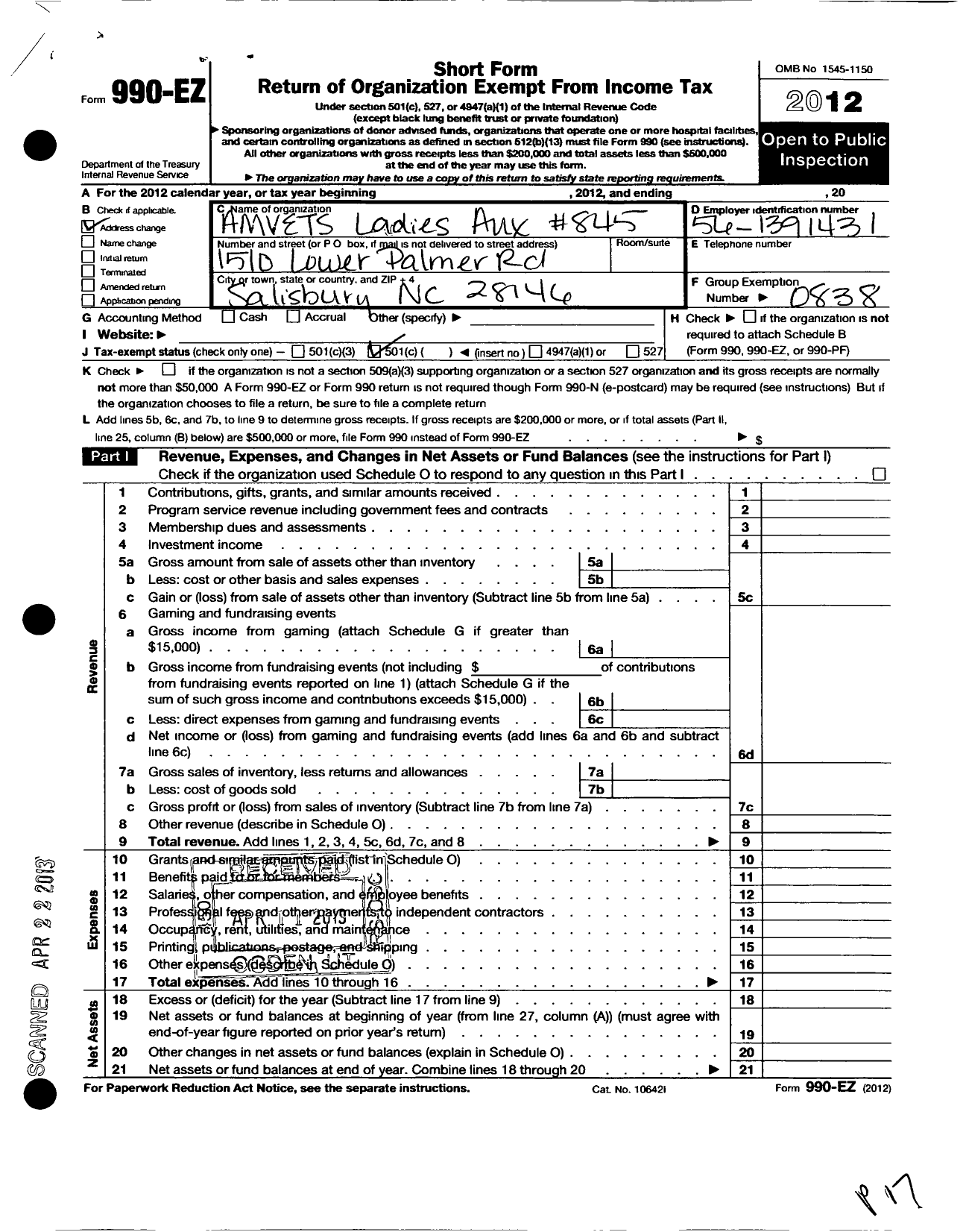 Image of first page of 2012 Form 990EO for Amvets - 845