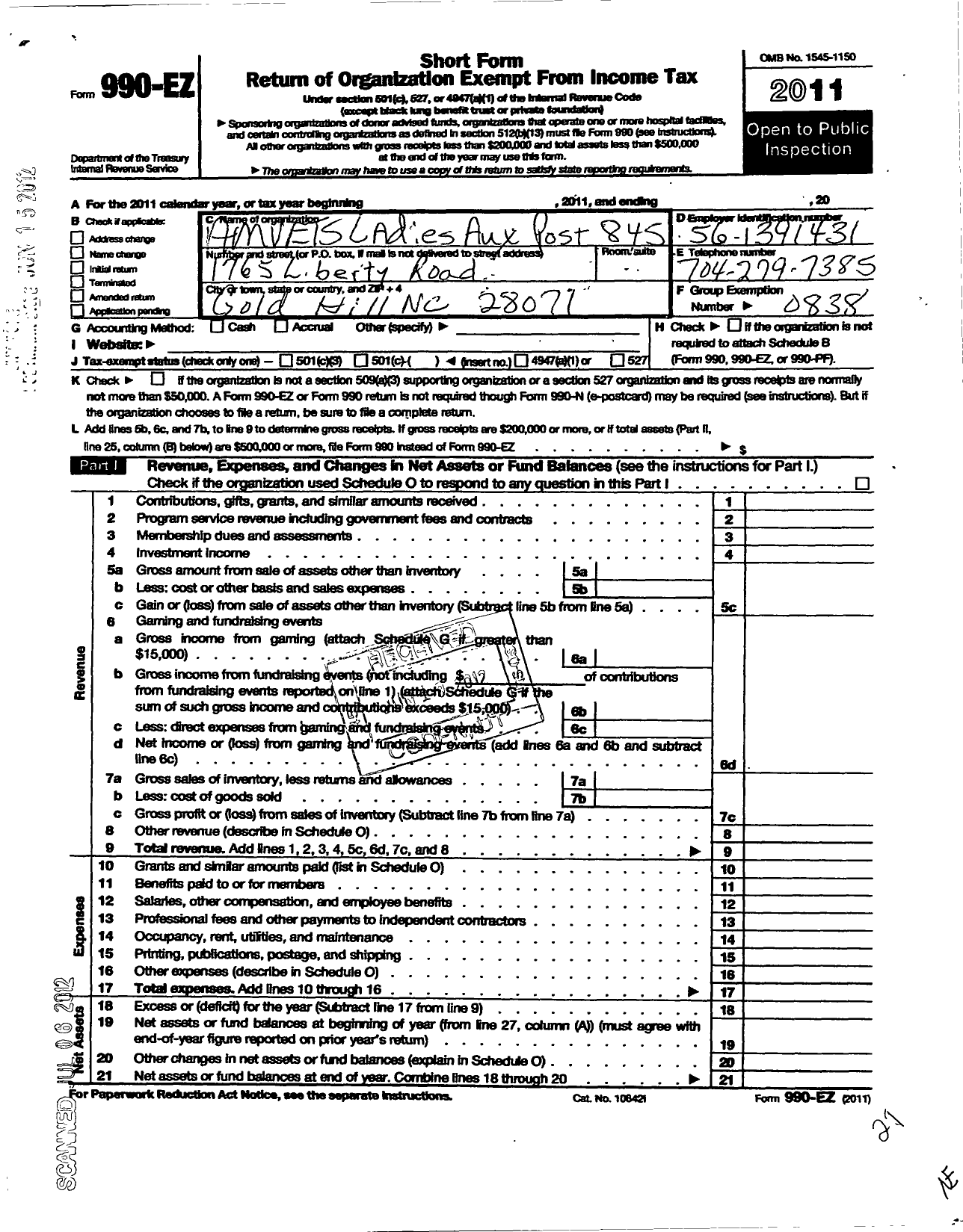 Image of first page of 2011 Form 990EO for Amvets - 845