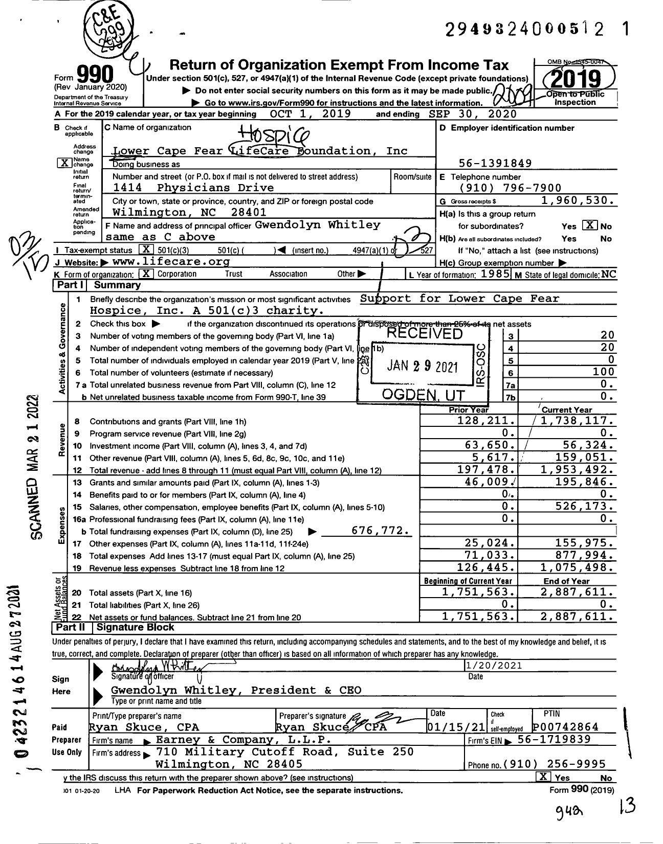 Image of first page of 2019 Form 990 for Lower Cape Fear LifeCare Foundation