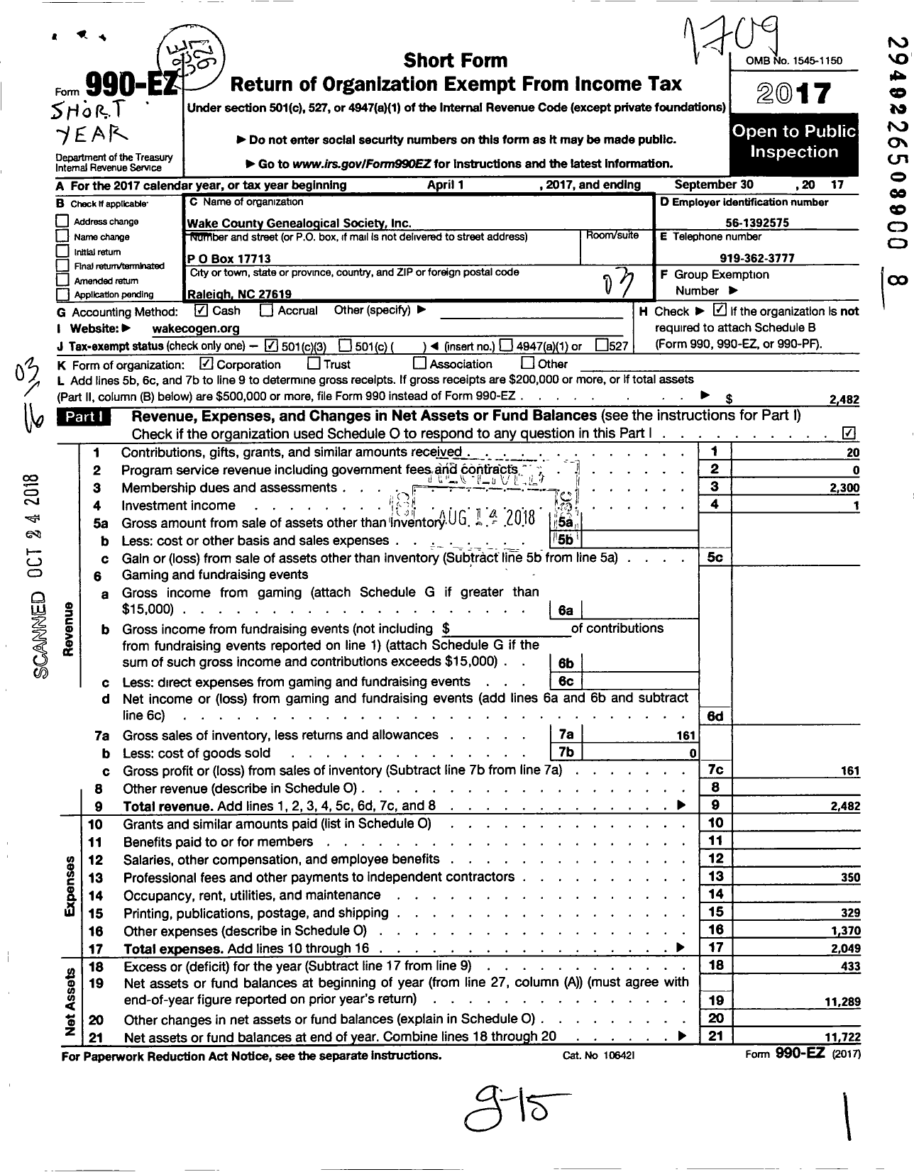 Image of first page of 2016 Form 990EZ for Wake County Genealogical Society