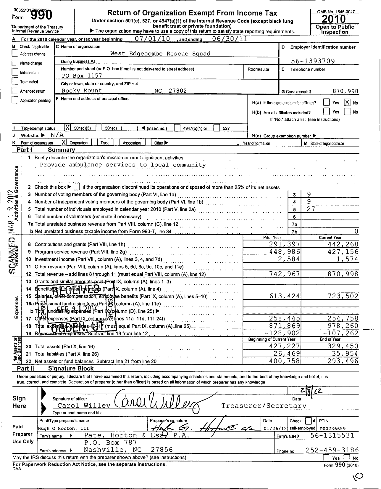 Image of first page of 2010 Form 990 for West Edgecombe Rescue Squad