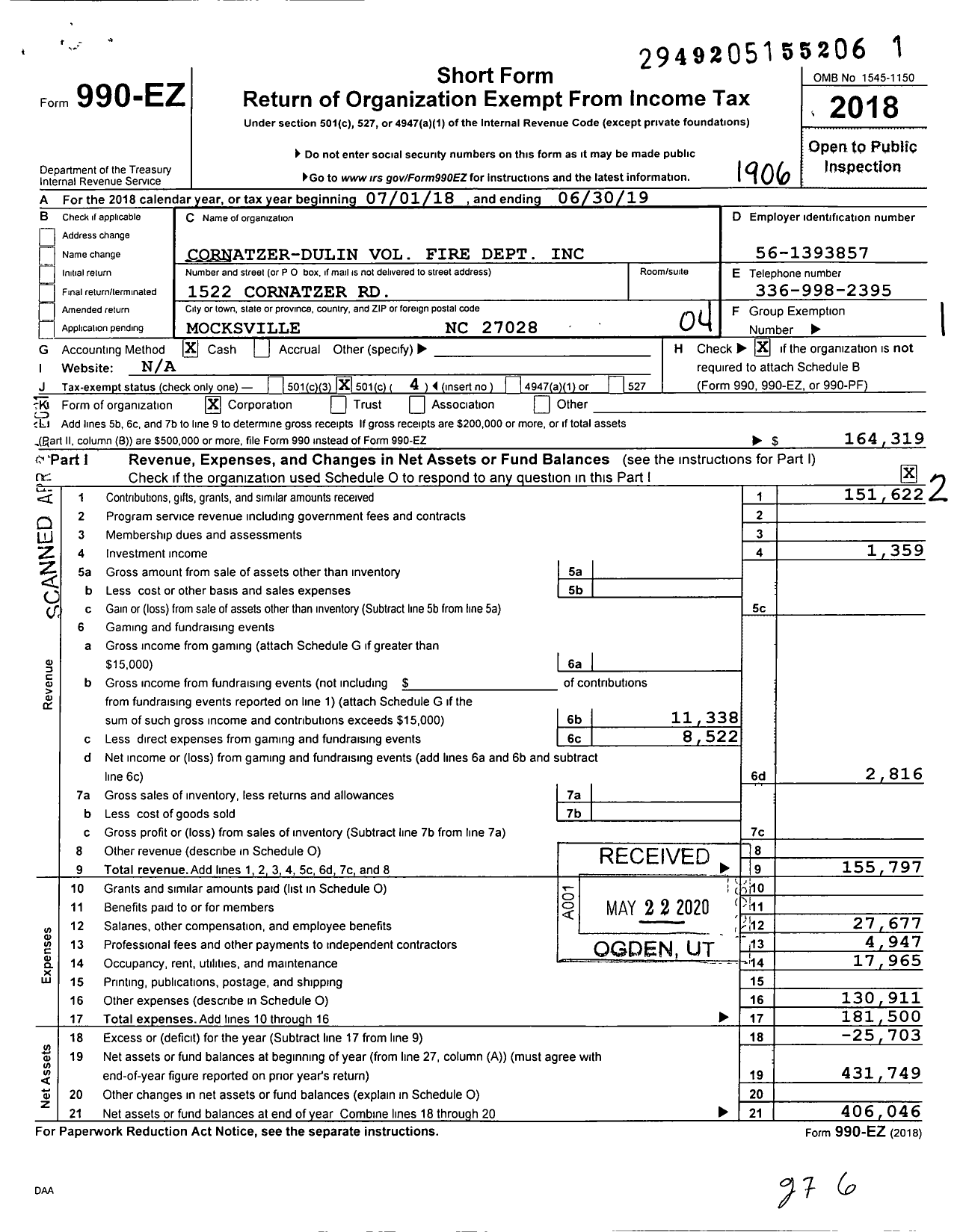 Image of first page of 2018 Form 990EO for Cornatzer-Dulin Volunteer Fire Dept