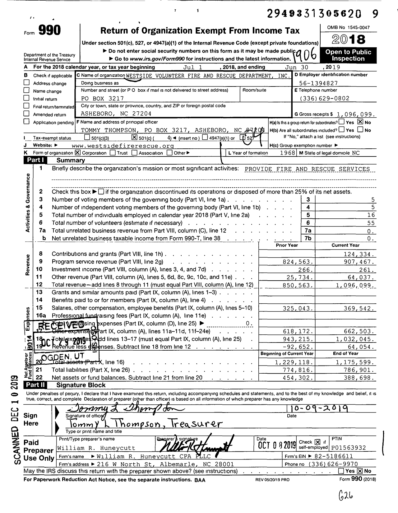 Image of first page of 2018 Form 990O for Westside Volunteer Fire and Rescue Department