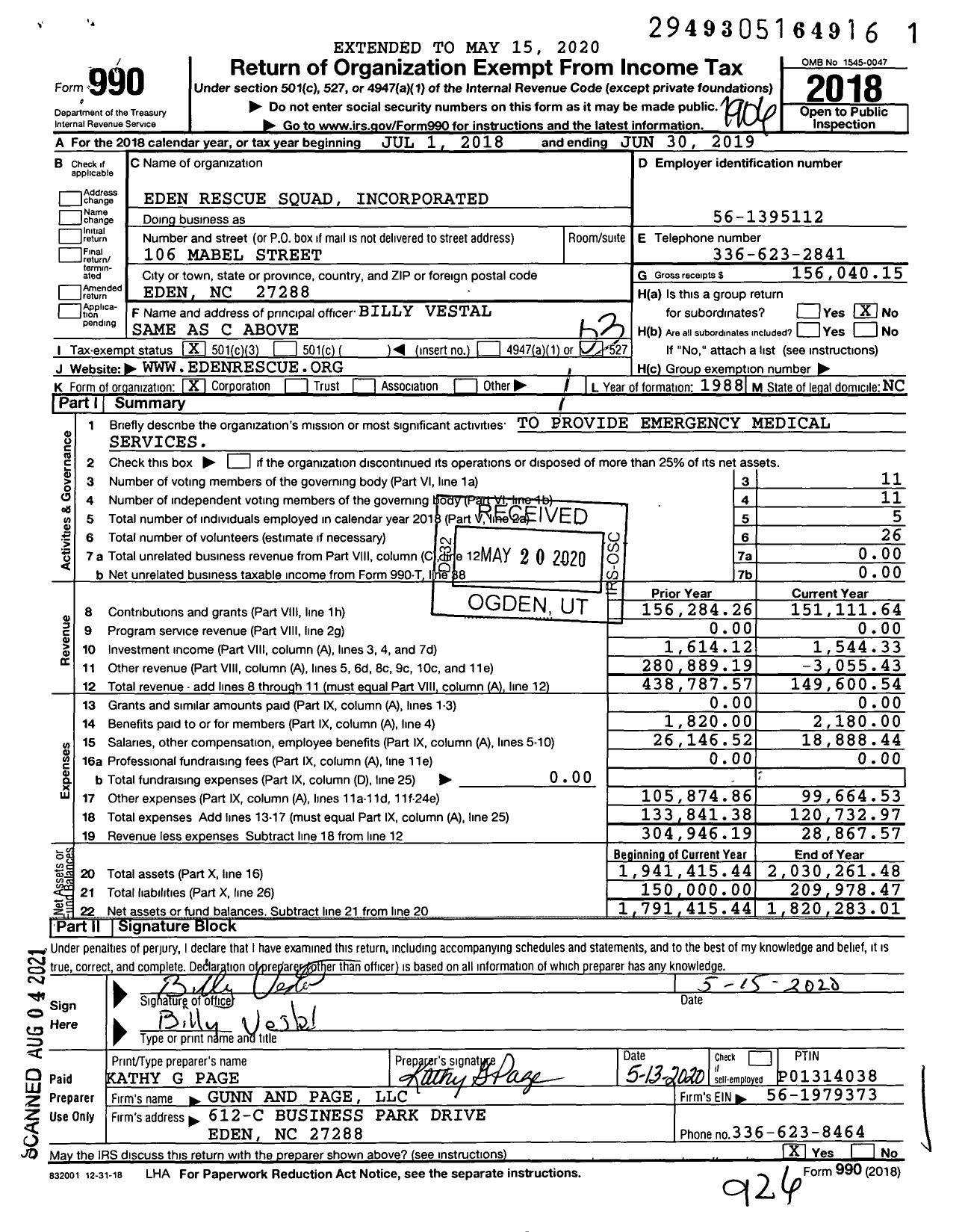 Image of first page of 2018 Form 990 for Eden Rescue Squad Incorporated