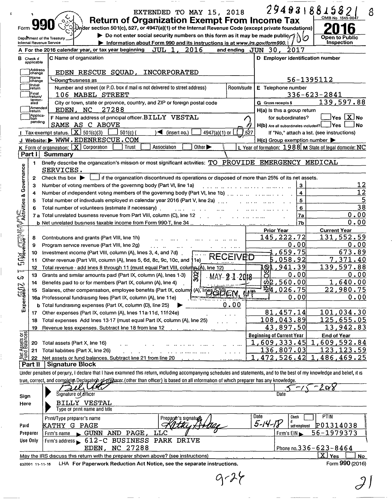 Image of first page of 2016 Form 990 for Eden Rescue Squad Incorporated