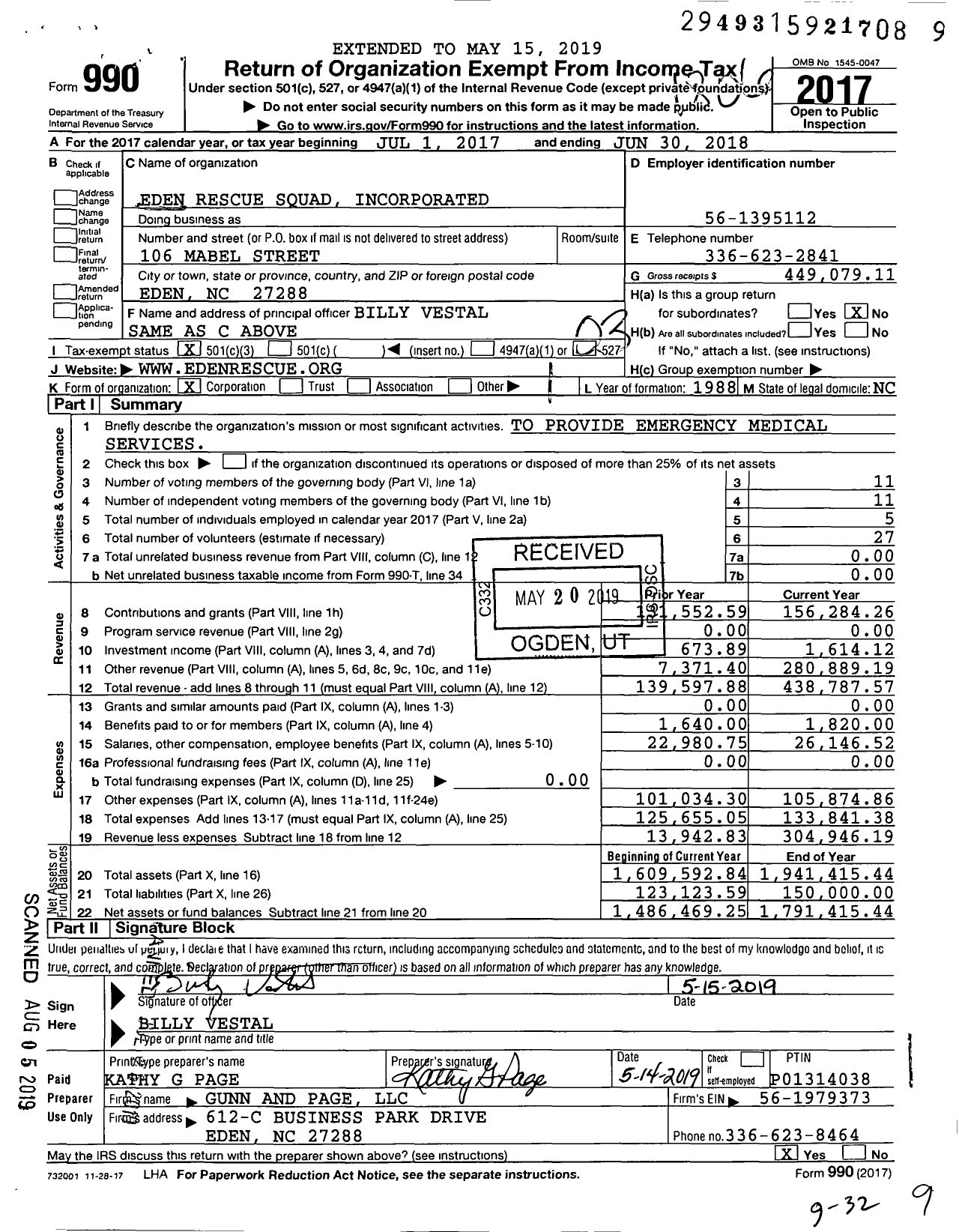 Image of first page of 2017 Form 990 for Eden Rescue Squad Incorporated
