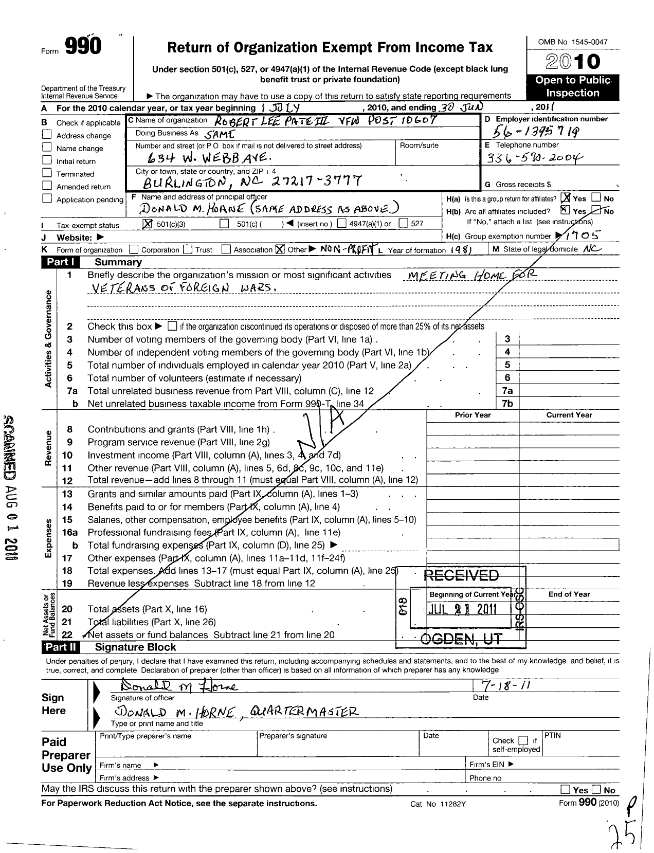 Image of first page of 2010 Form 990 for VFW NC - 10607 Robert Lee Pate Iii Post