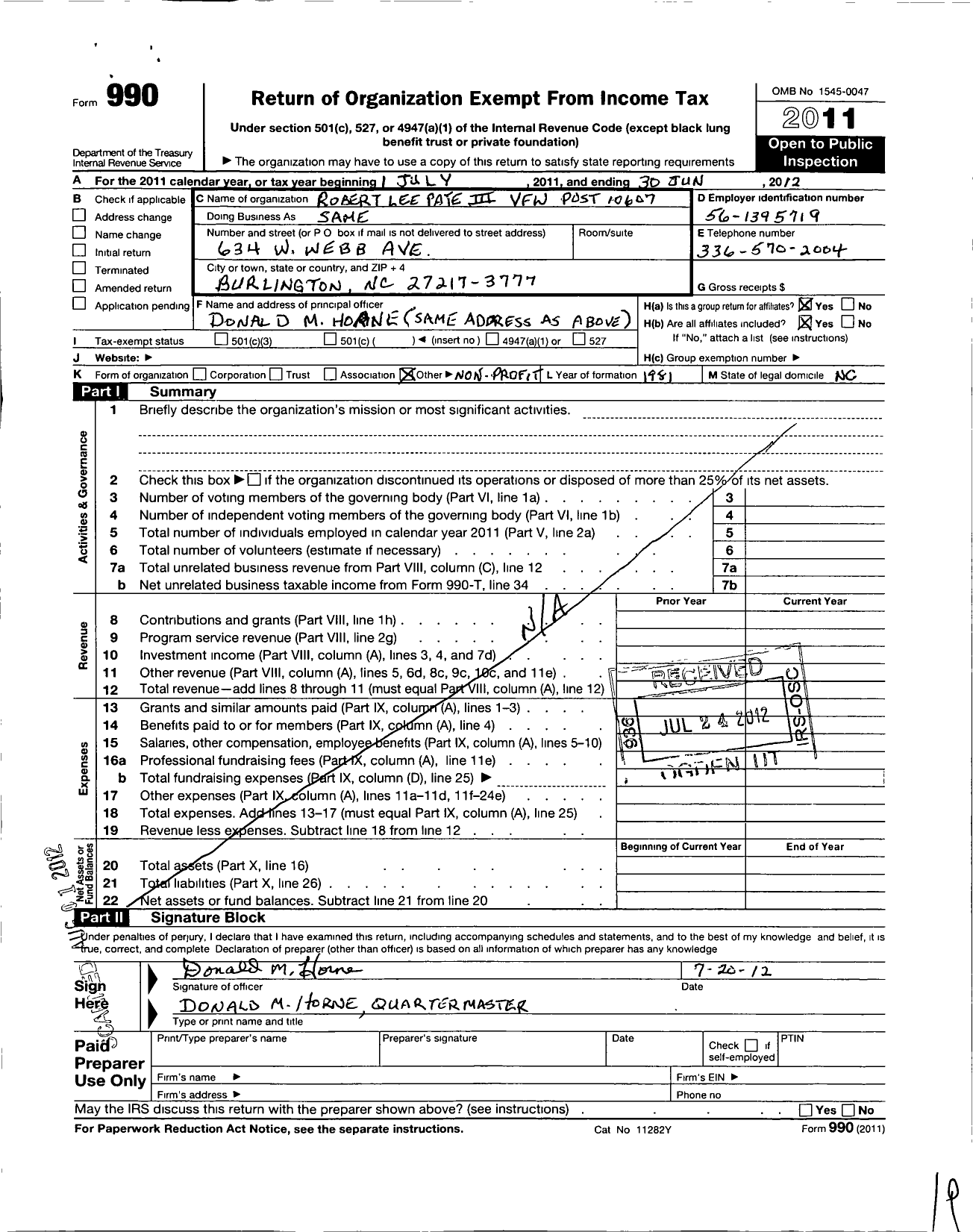 Image of first page of 2011 Form 990O for VFW NC - 10607 Robert Lee Pate Iii Post