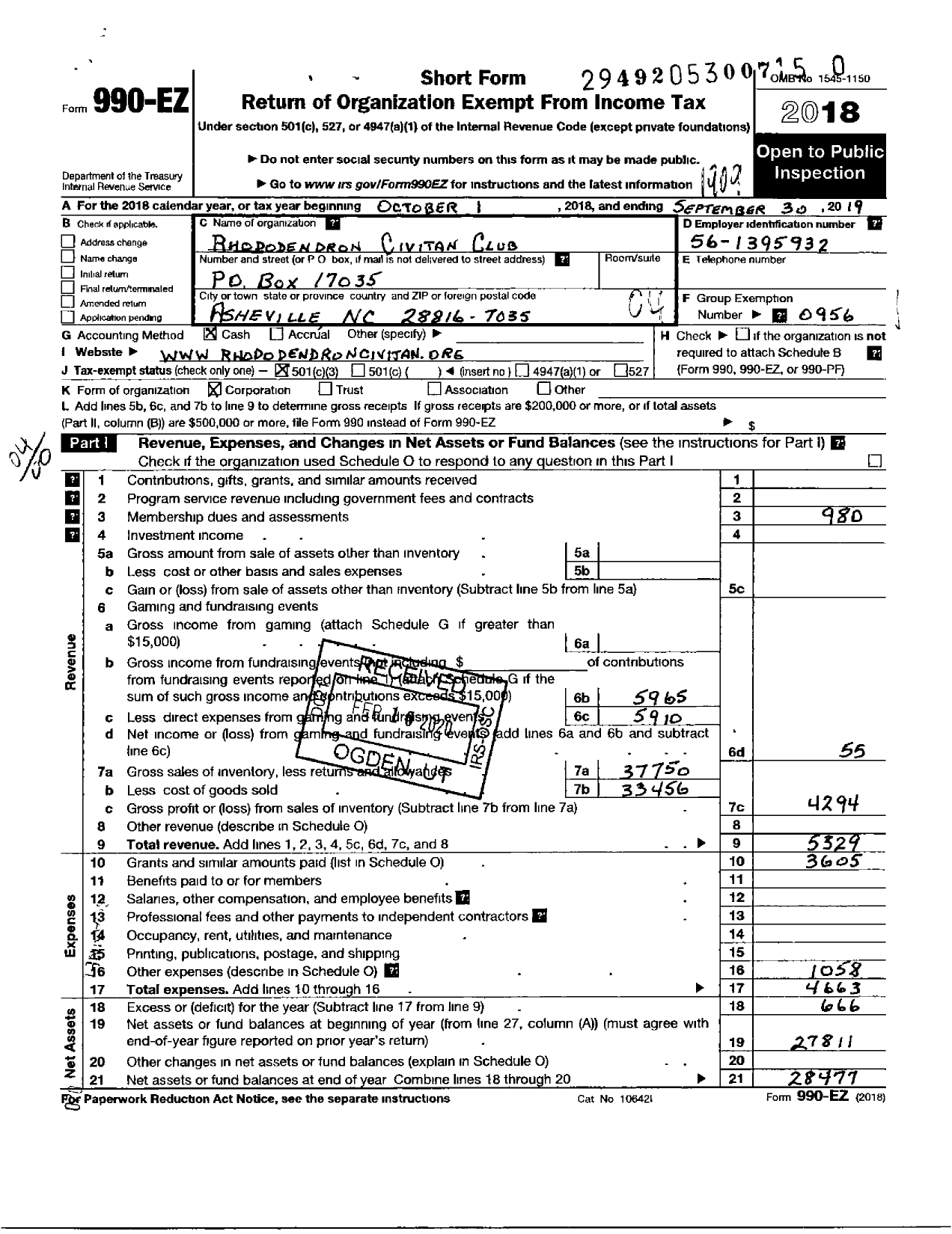 Image of first page of 2018 Form 990EO for Civitan International / Rhododendron Asheville NC