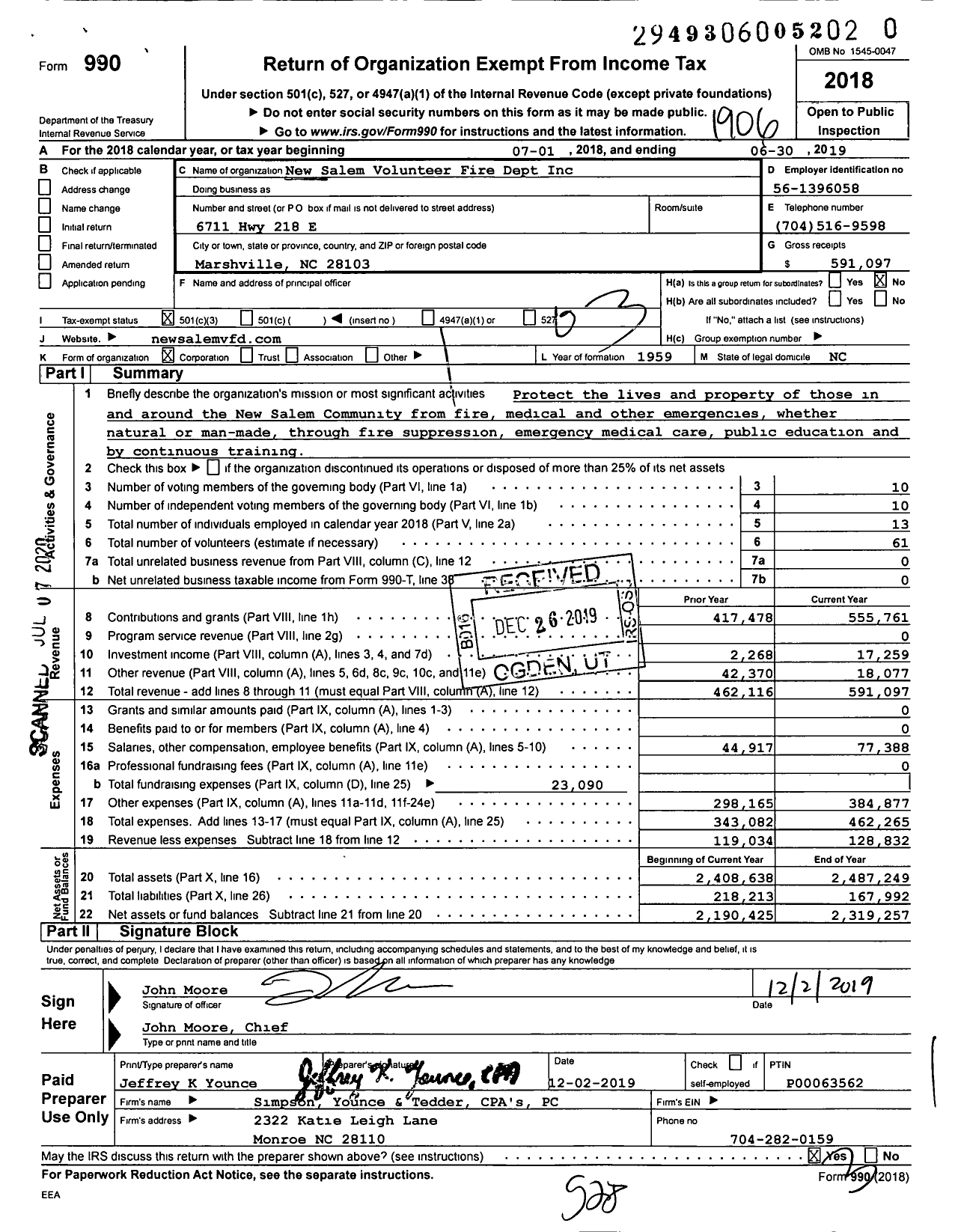 Image of first page of 2018 Form 990 for New Salem Volunteer Fire Dept