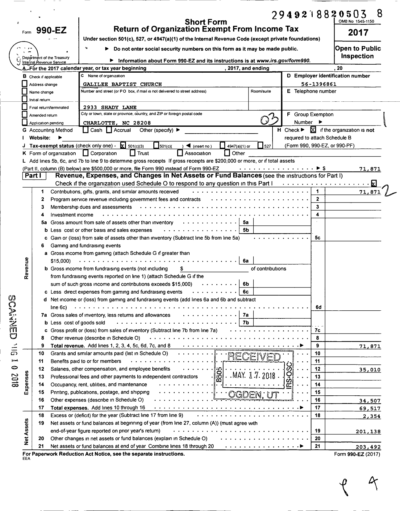 Image of first page of 2017 Form 990EZ for Galilee Baptist Church