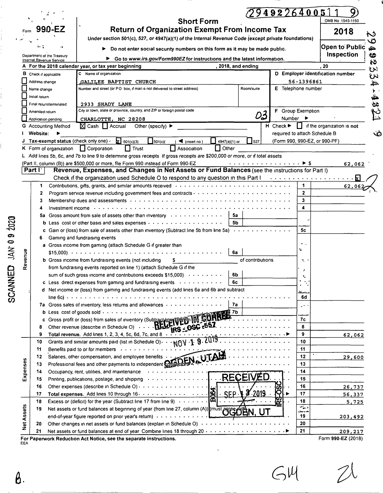 Image of first page of 2018 Form 990EZ for Galilee Baptist Church