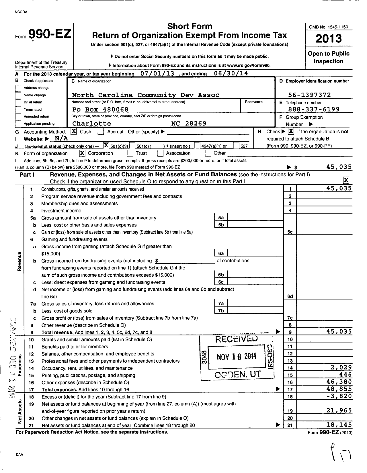 Image of first page of 2013 Form 990EZ for North Carolina Community Development Association