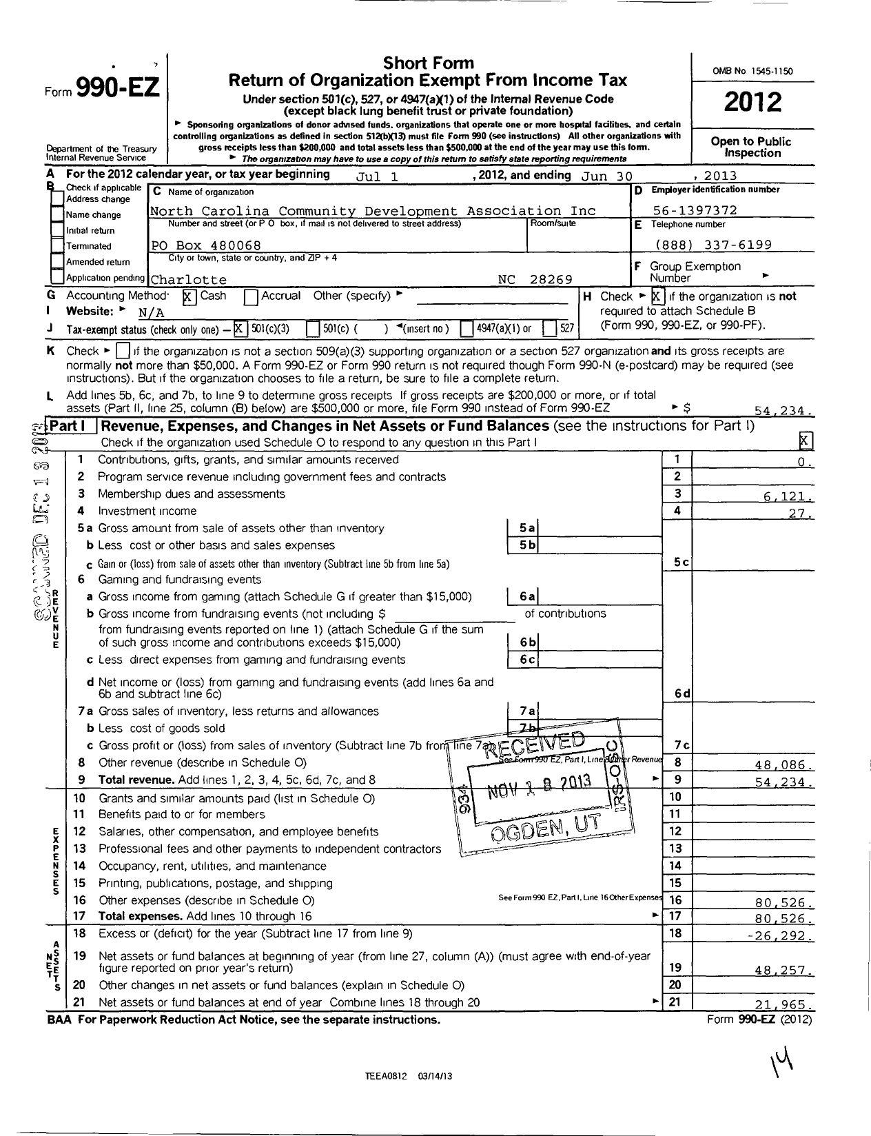 Image of first page of 2012 Form 990EZ for North Carolina Community Development Association