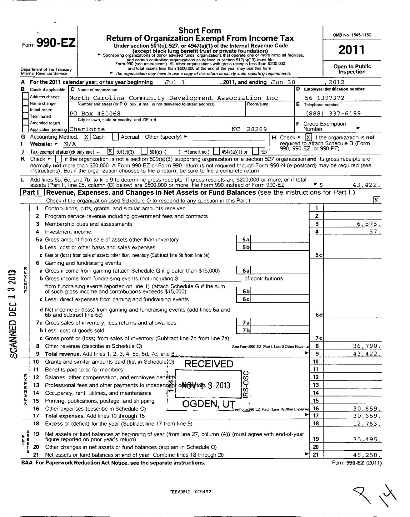 Image of first page of 2011 Form 990EZ for North Carolina Community Development Association