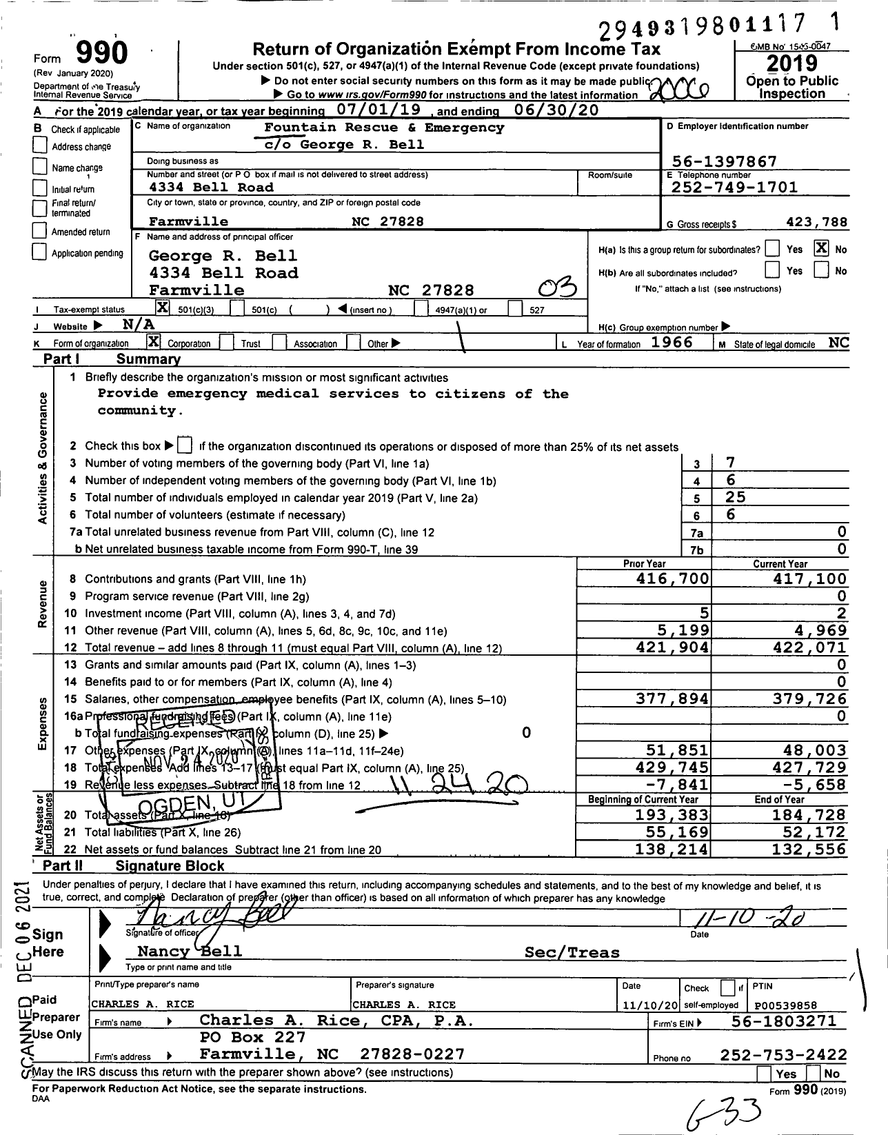 Image of first page of 2019 Form 990 for Fountain Rescue & Emergency