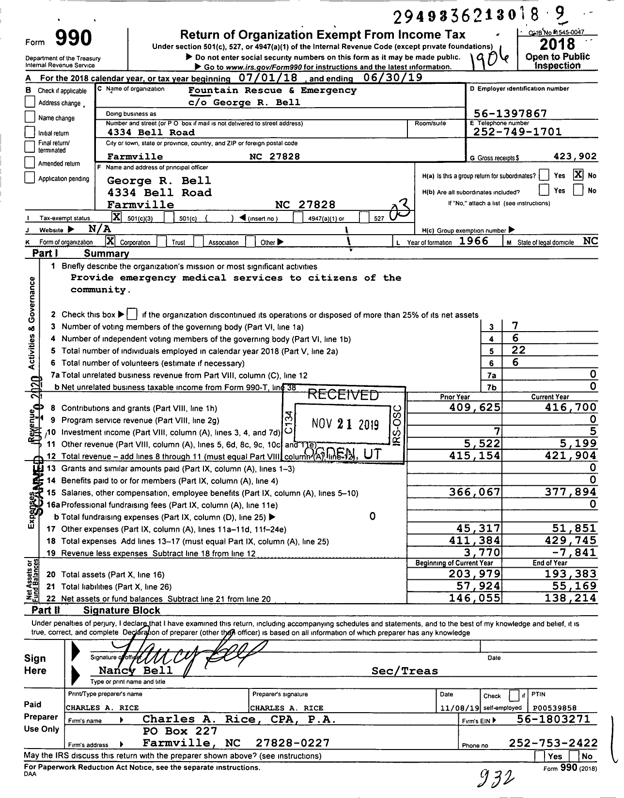 Image of first page of 2018 Form 990 for Fountain Rescue & Emergency