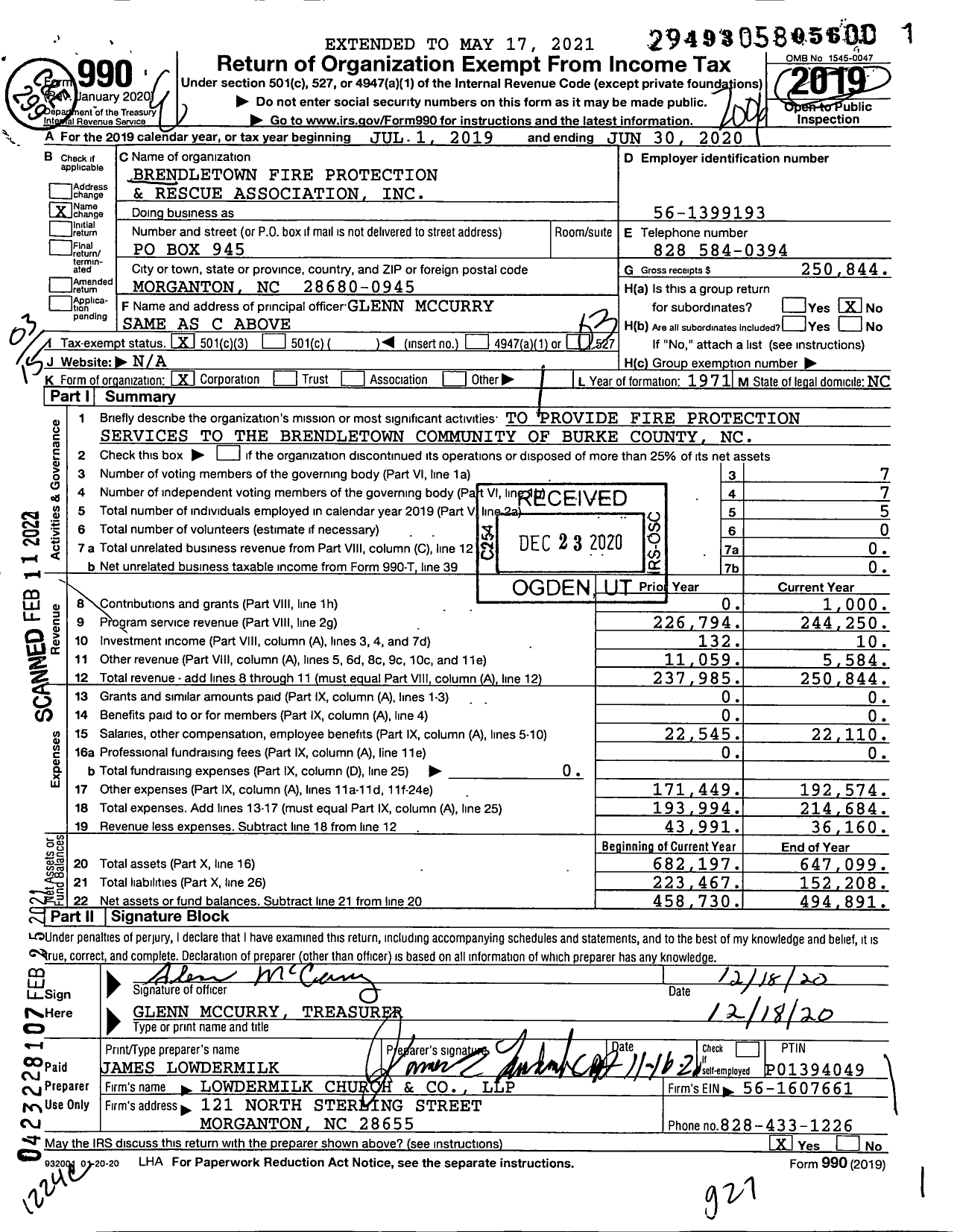 Image of first page of 2019 Form 990 for Brendletown Fire Protection and Rescue Association