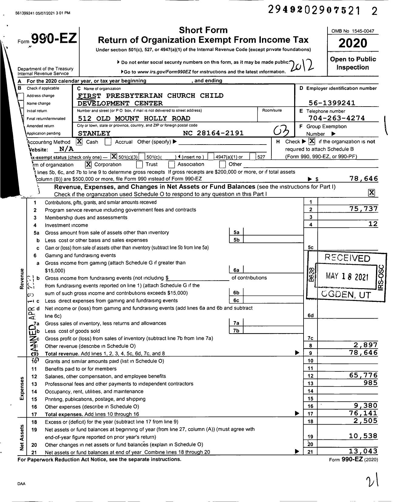 Image of first page of 2020 Form 990EZ for First Presbyterian Church Child Development Center