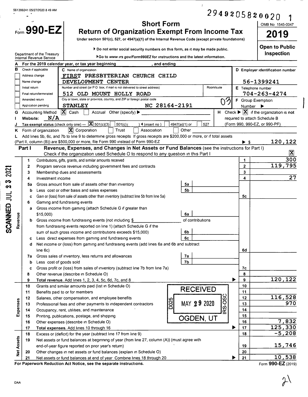 Image of first page of 2019 Form 990EZ for First Presbyterian Church Child Development Center