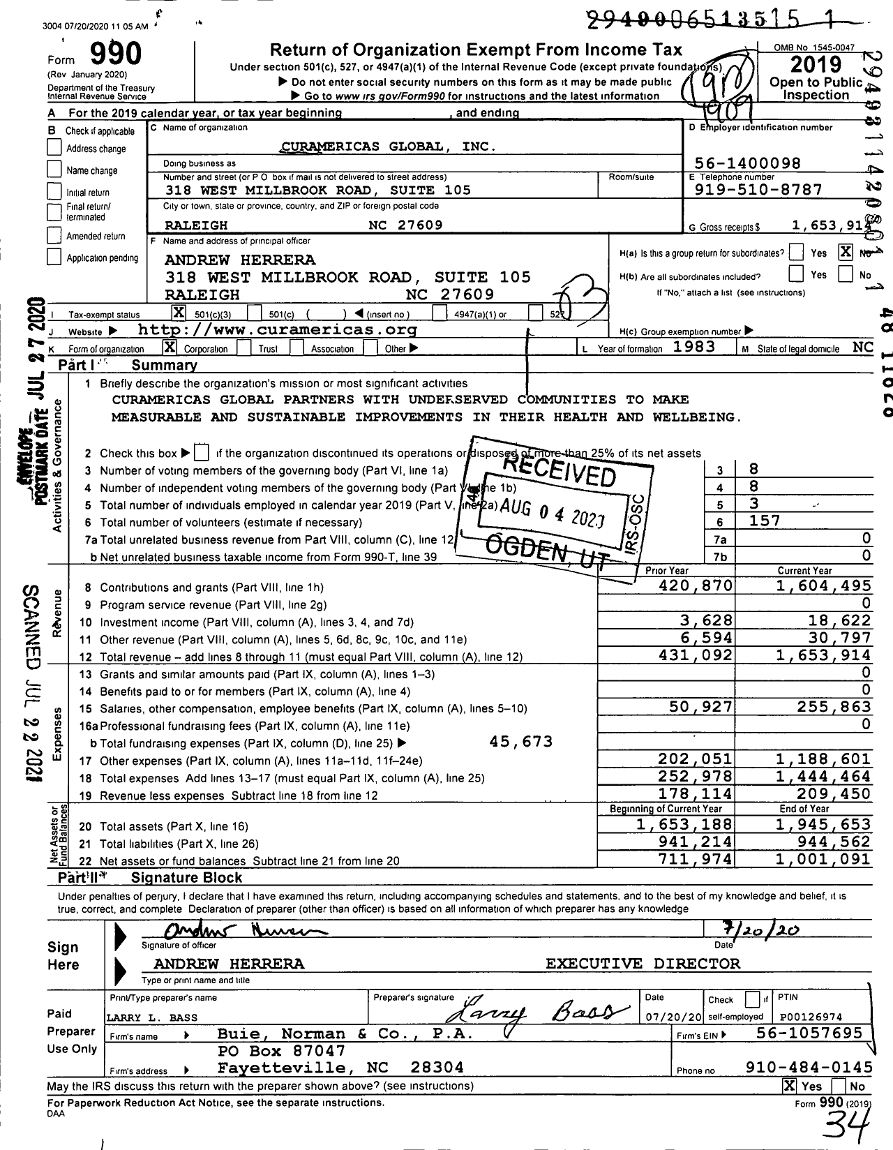 Image of first page of 2018 Form 990 for Curamericas Global