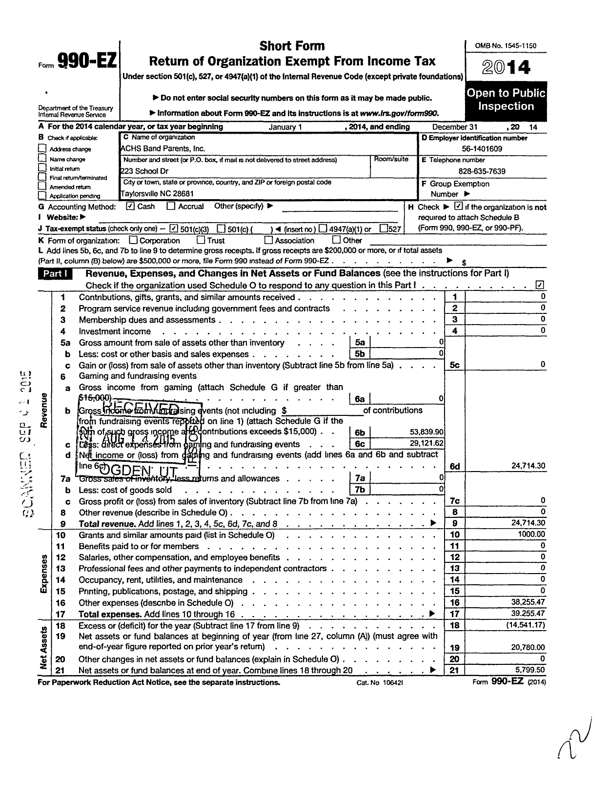 Image of first page of 2014 Form 990EZ for Achs Band Parents