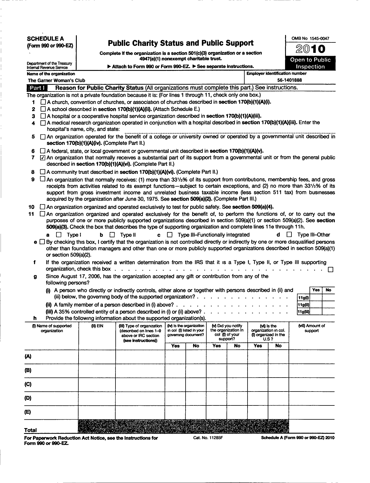 Image of first page of 2010 Form 990ER for The Garner Womans Club