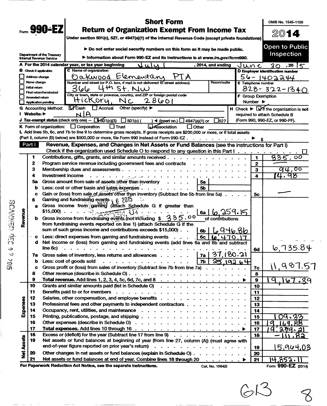 Image of first page of 2014 Form 990EZ for North Carolina PTA - Oakwood Elementary School PTA