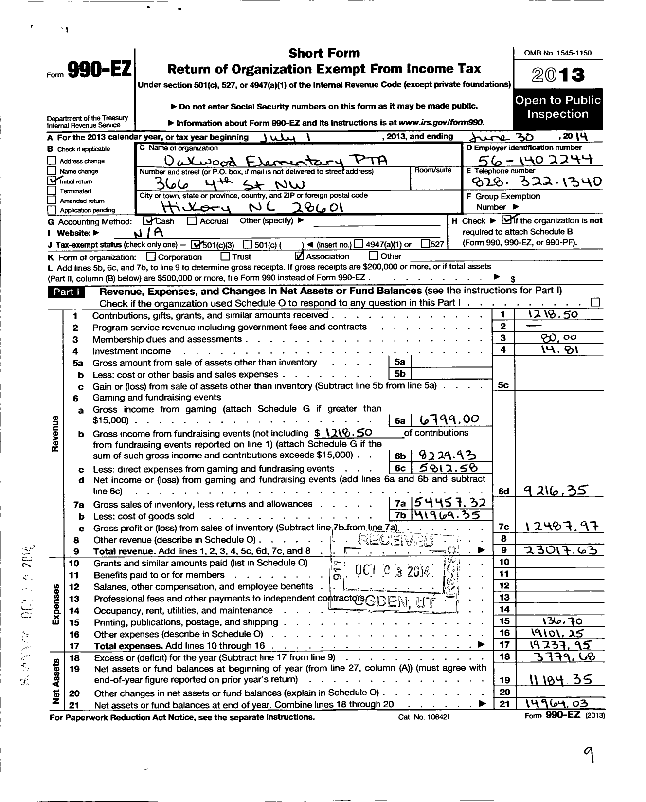 Image of first page of 2013 Form 990EZ for North Carolina PTA - Oakwood Elementary School PTA