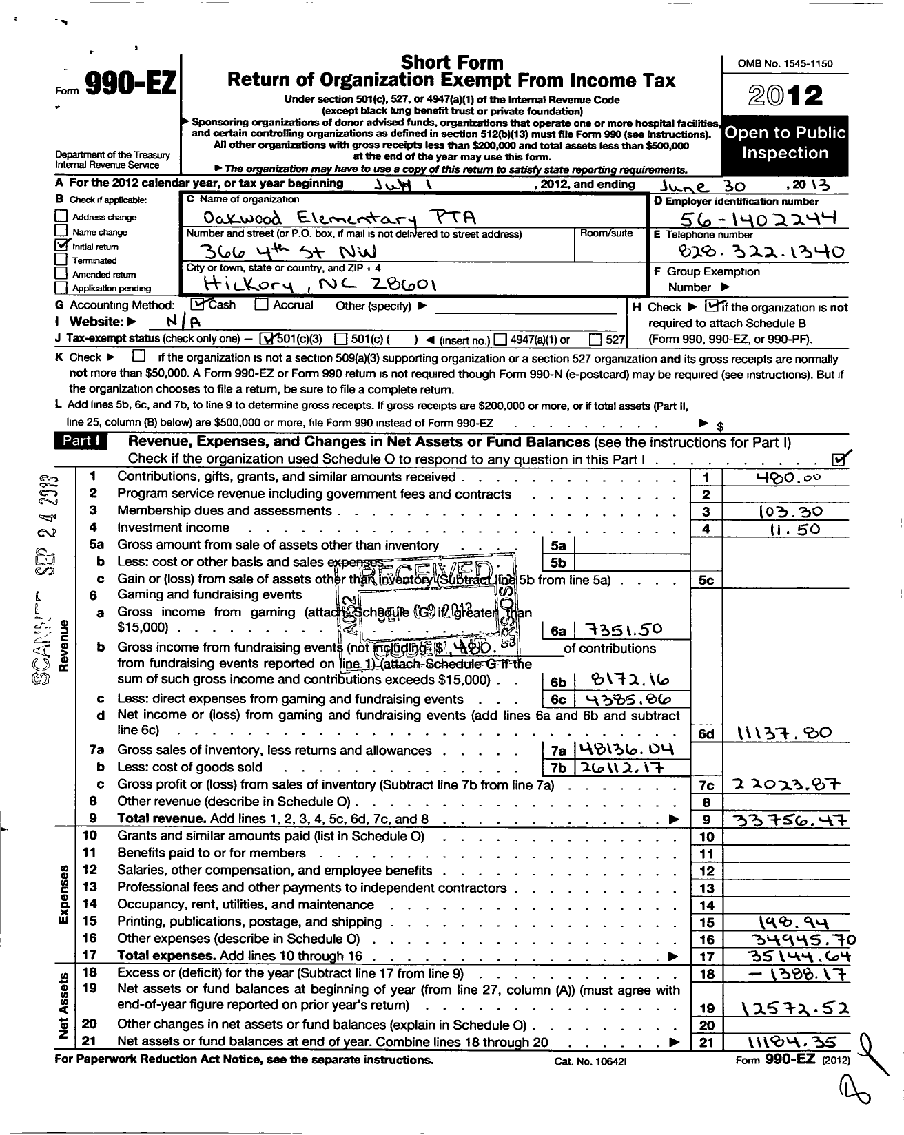 Image of first page of 2012 Form 990EZ for North Carolina PTA - Oakwood Elementary School PTA