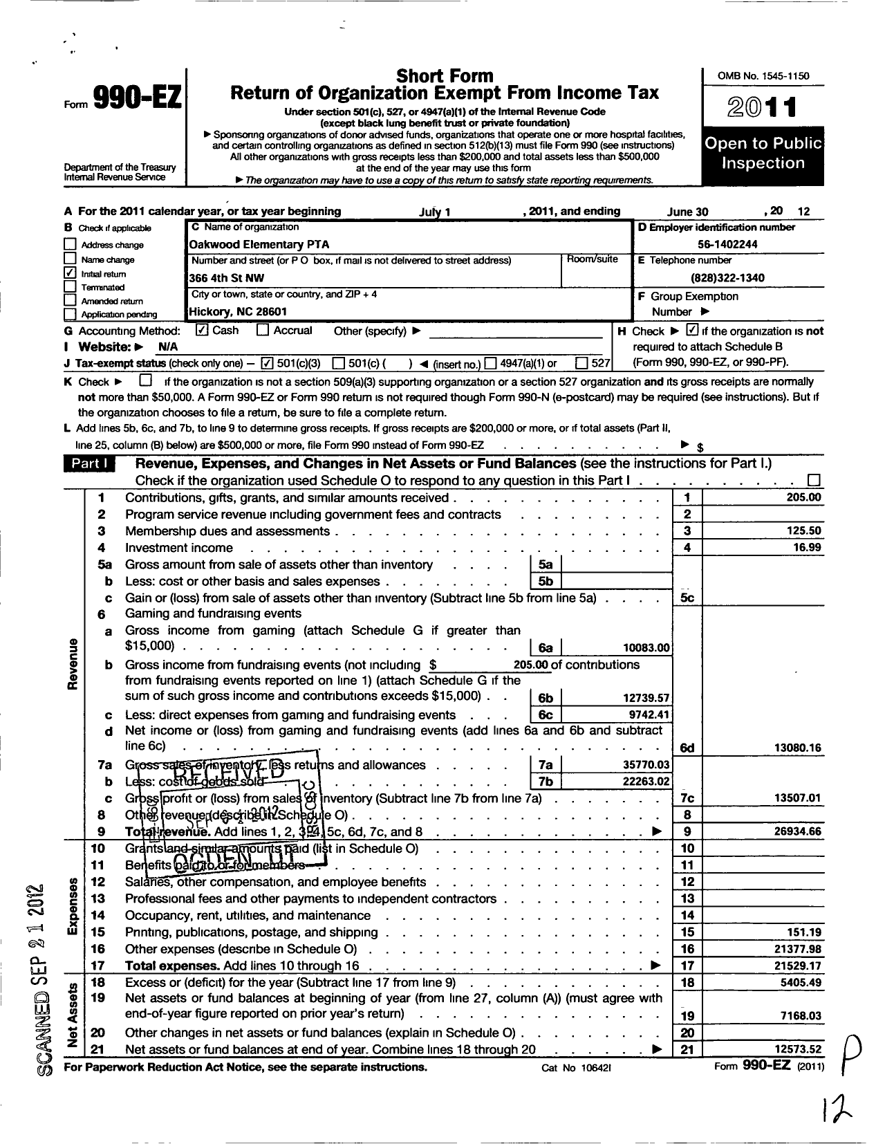 Image of first page of 2011 Form 990EZ for North Carolina PTA - Oakwood Elementary School PTA