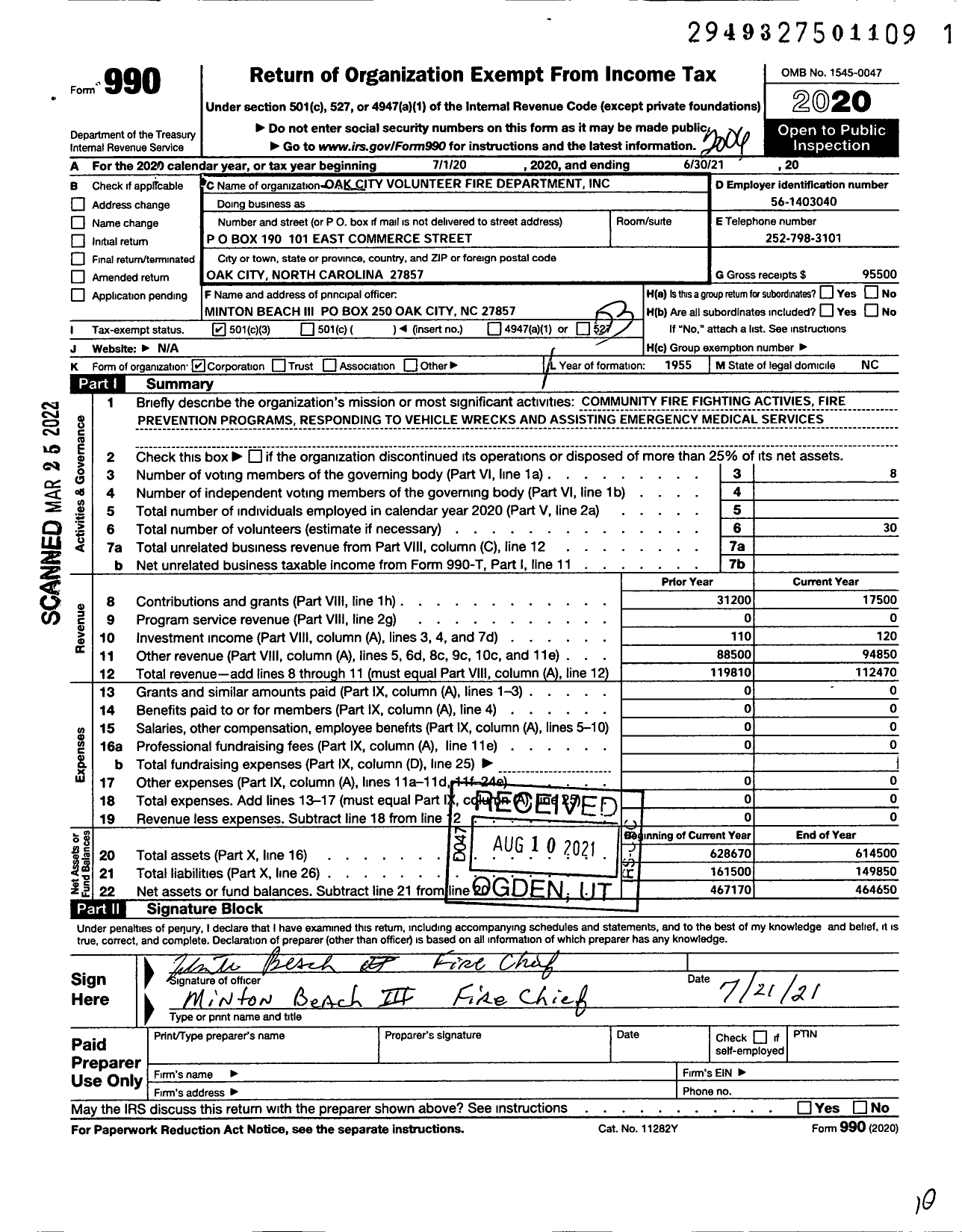 Image of first page of 2019 Form 990 for Oak City Volunteer Fire Department