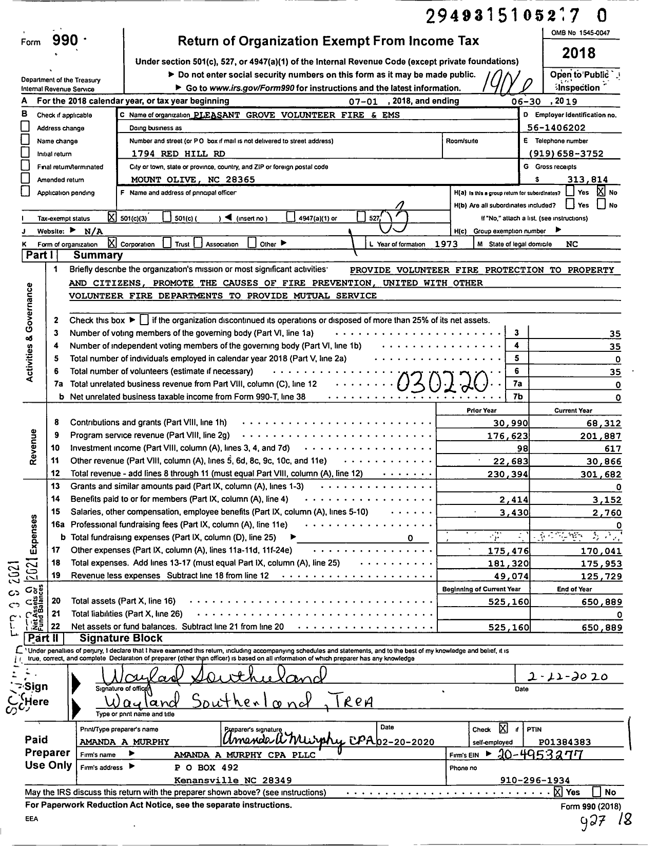 Image of first page of 2018 Form 990 for Pleasant Grove Volunteer Fire and Ems