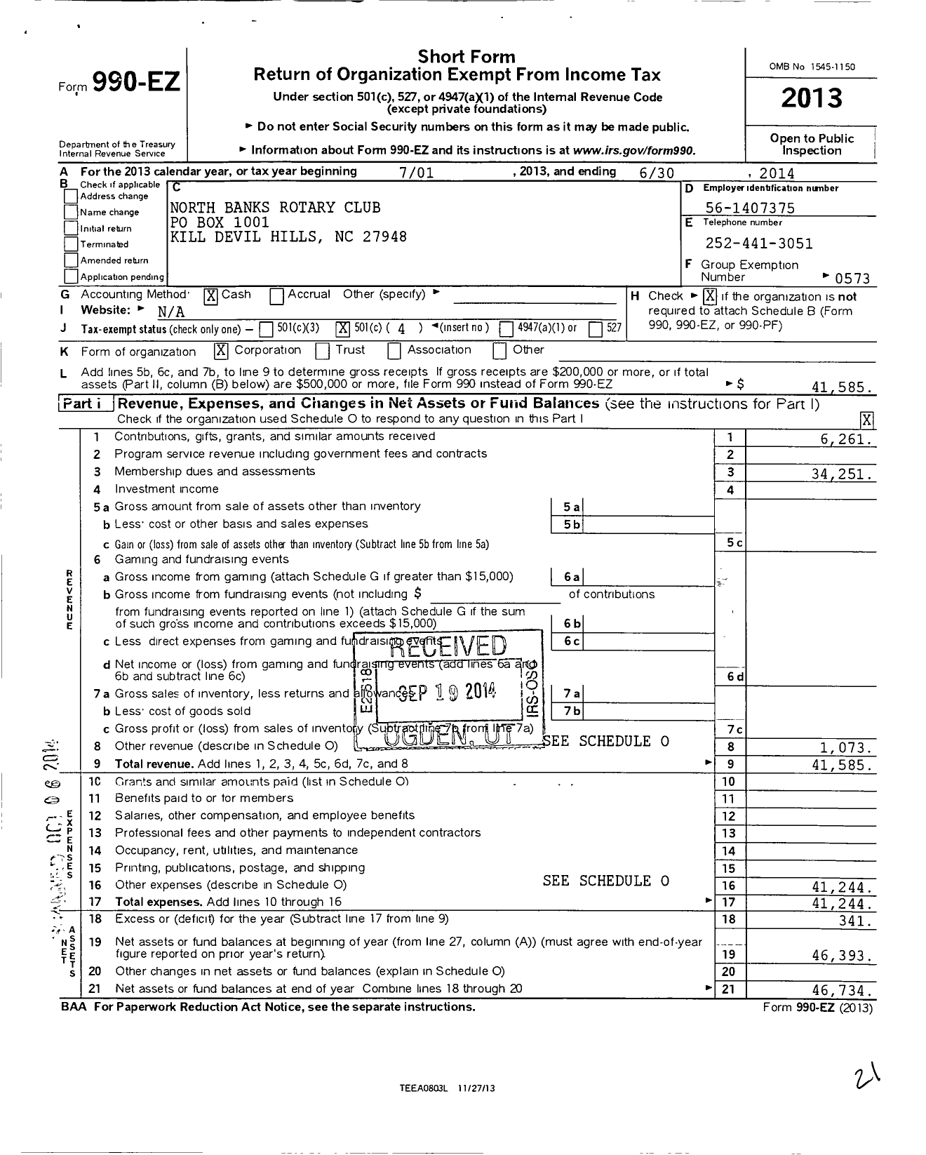 Image of first page of 2013 Form 990EO for Rotary International - North Banks Kill Devil Hills