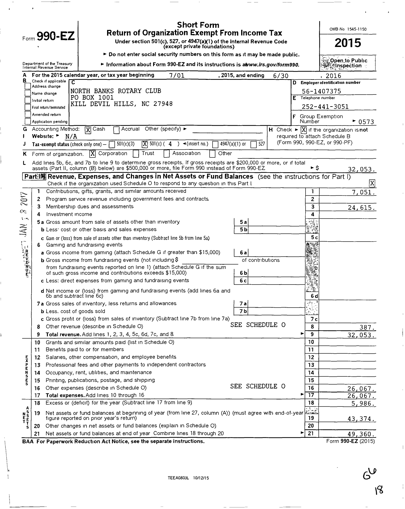 Image of first page of 2015 Form 990EO for Rotary International - North Banks Kill Devil Hills