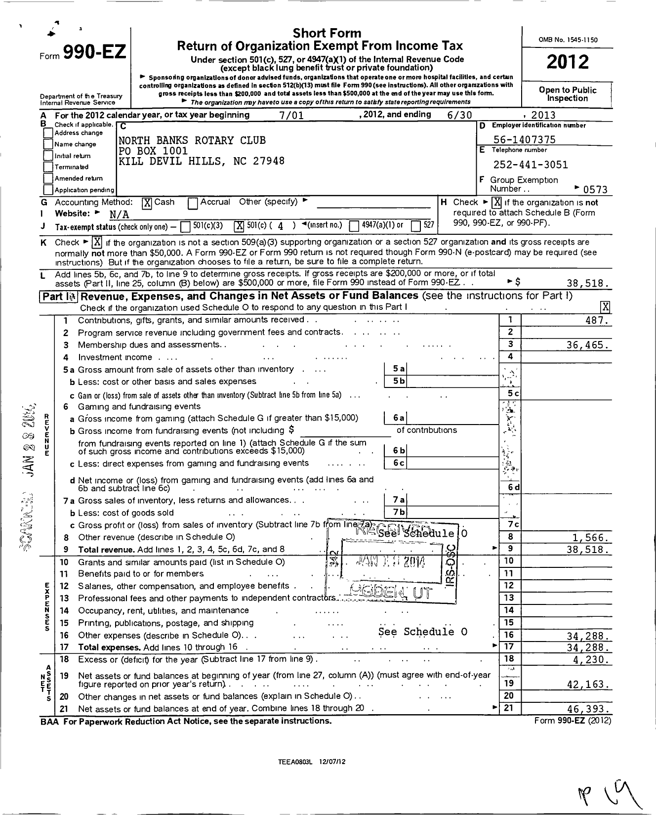 Image of first page of 2012 Form 990EO for Rotary International - North Banks Kill Devil Hills