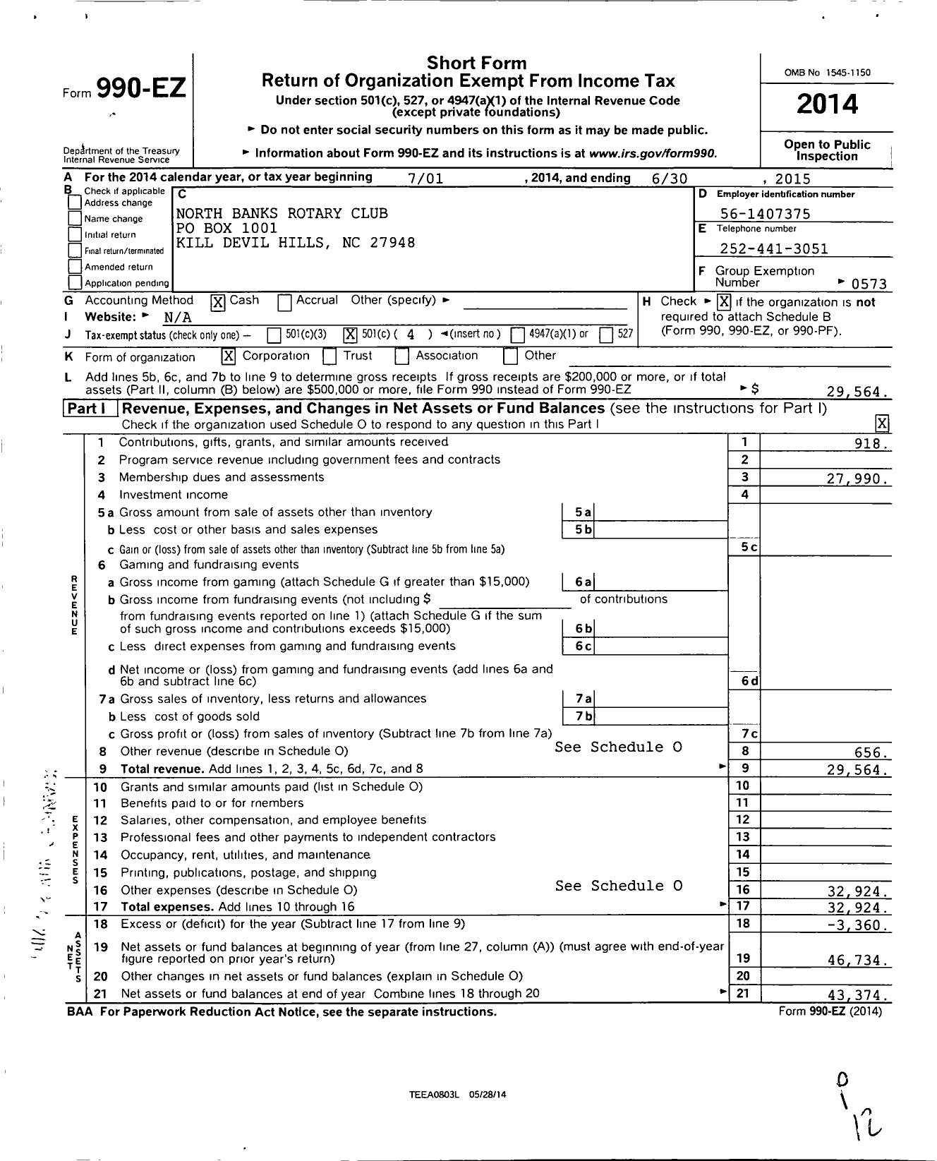 Image of first page of 2014 Form 990EO for Rotary International - North Banks Kill Devil Hills