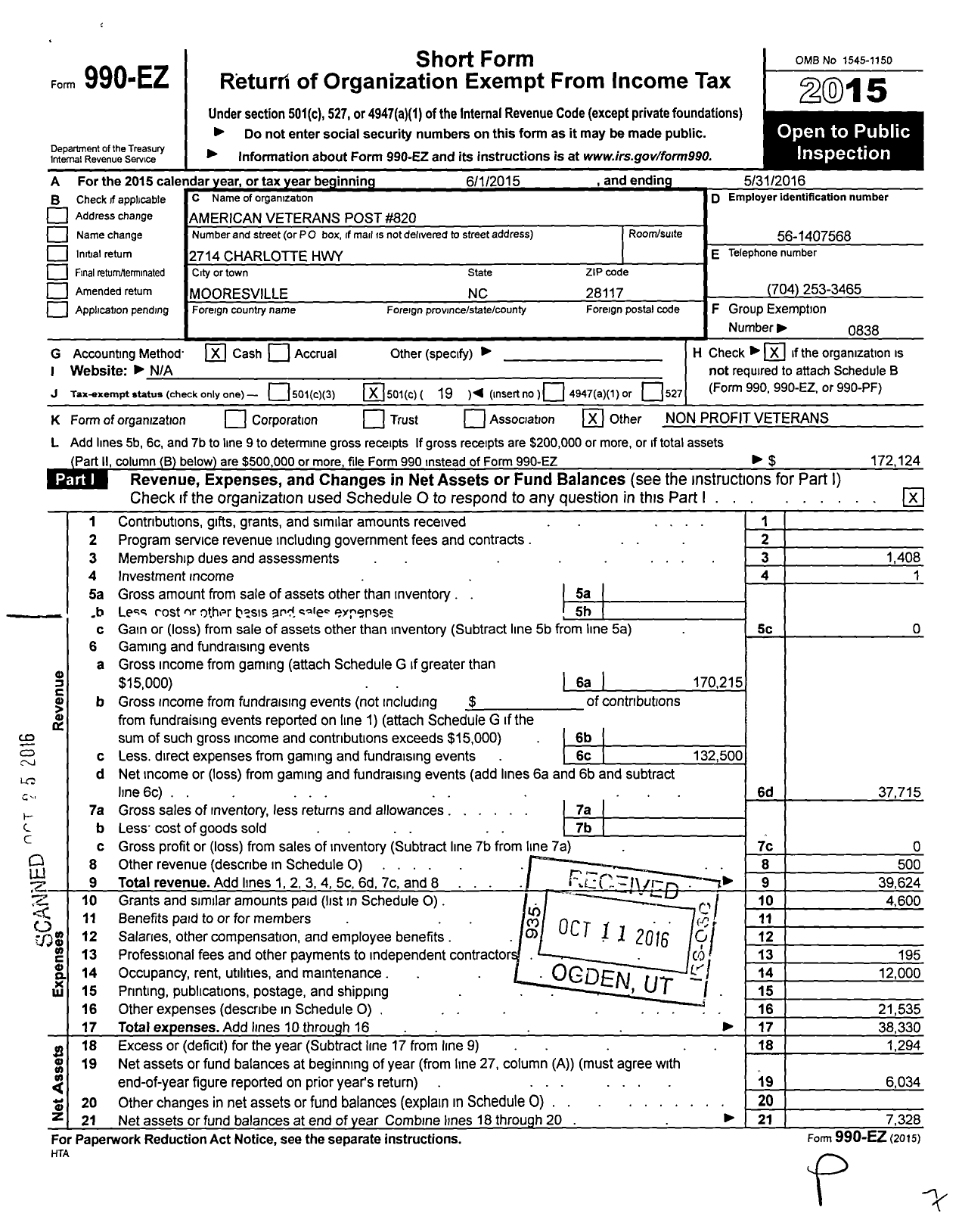 Image of first page of 2015 Form 990EO for Amvets - 0820 NC