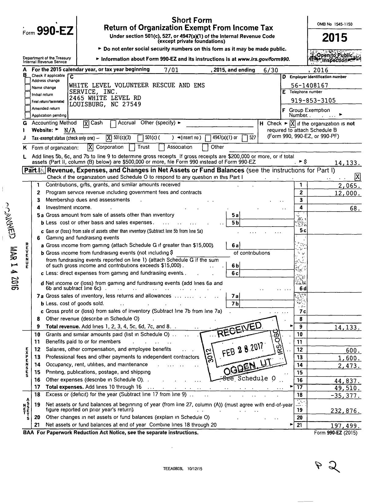 Image of first page of 2015 Form 990EZ for White Level Volunteer Rescue and Ems Service