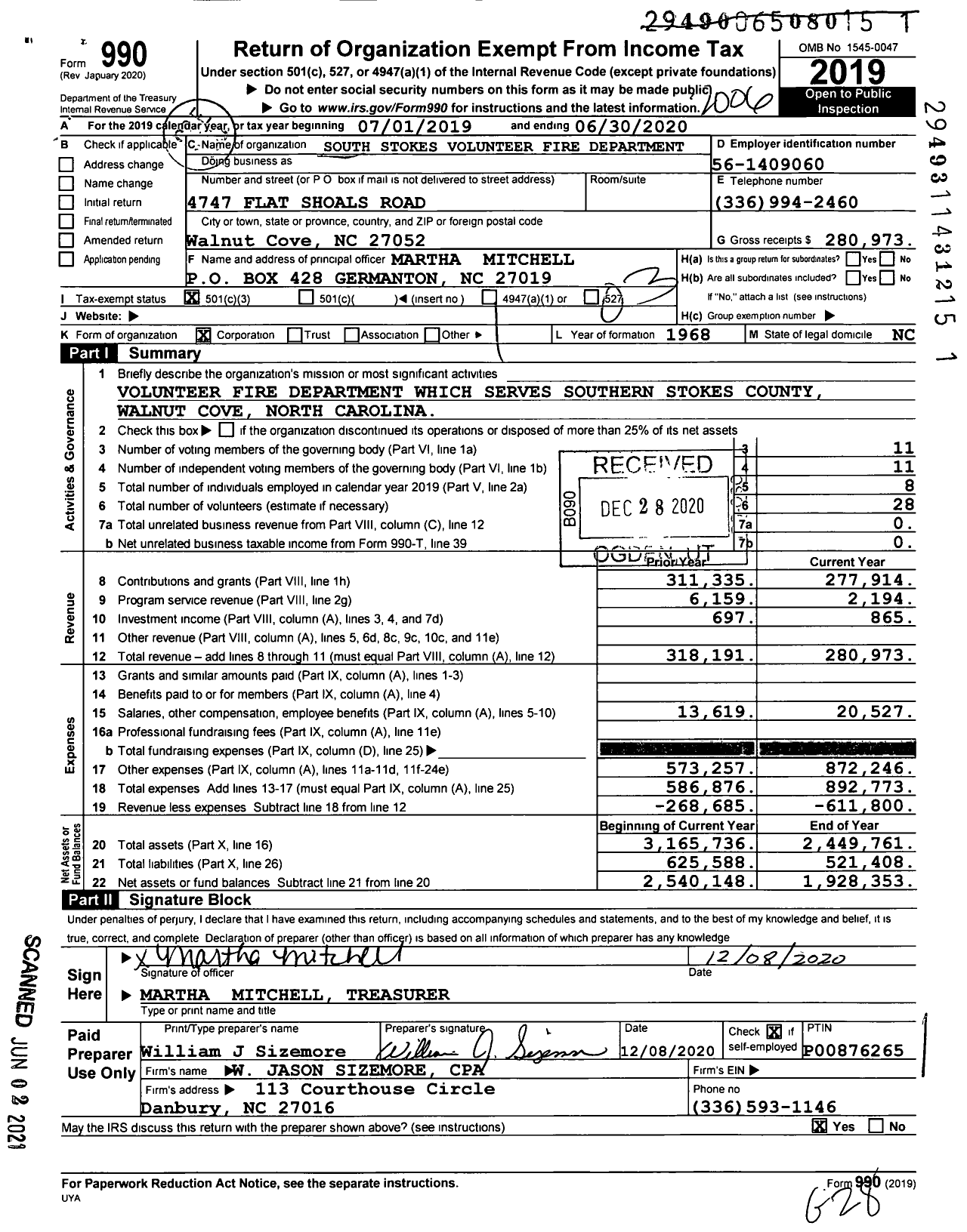 Image of first page of 2019 Form 990 for South Stokes Volunteer Fire Department