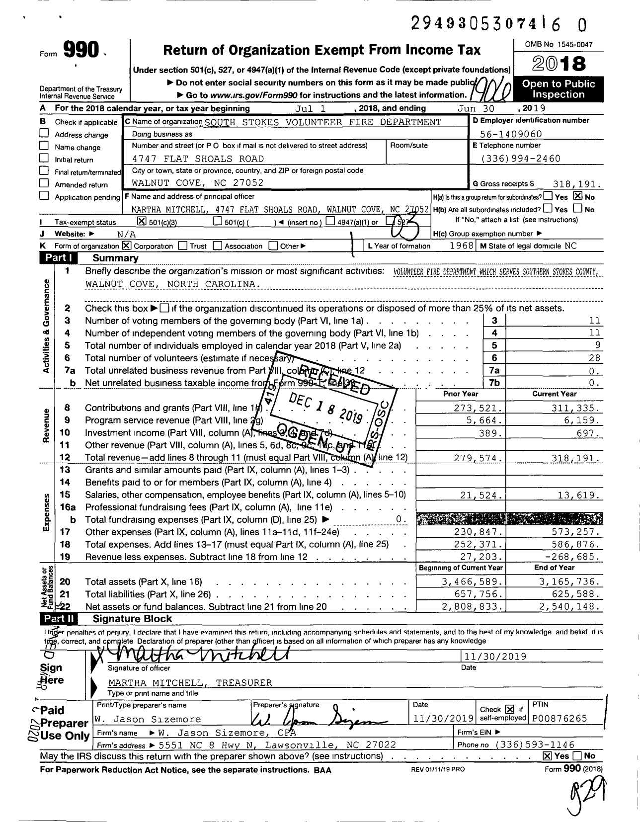 Image of first page of 2018 Form 990 for South Stokes Volunteer Fire Department