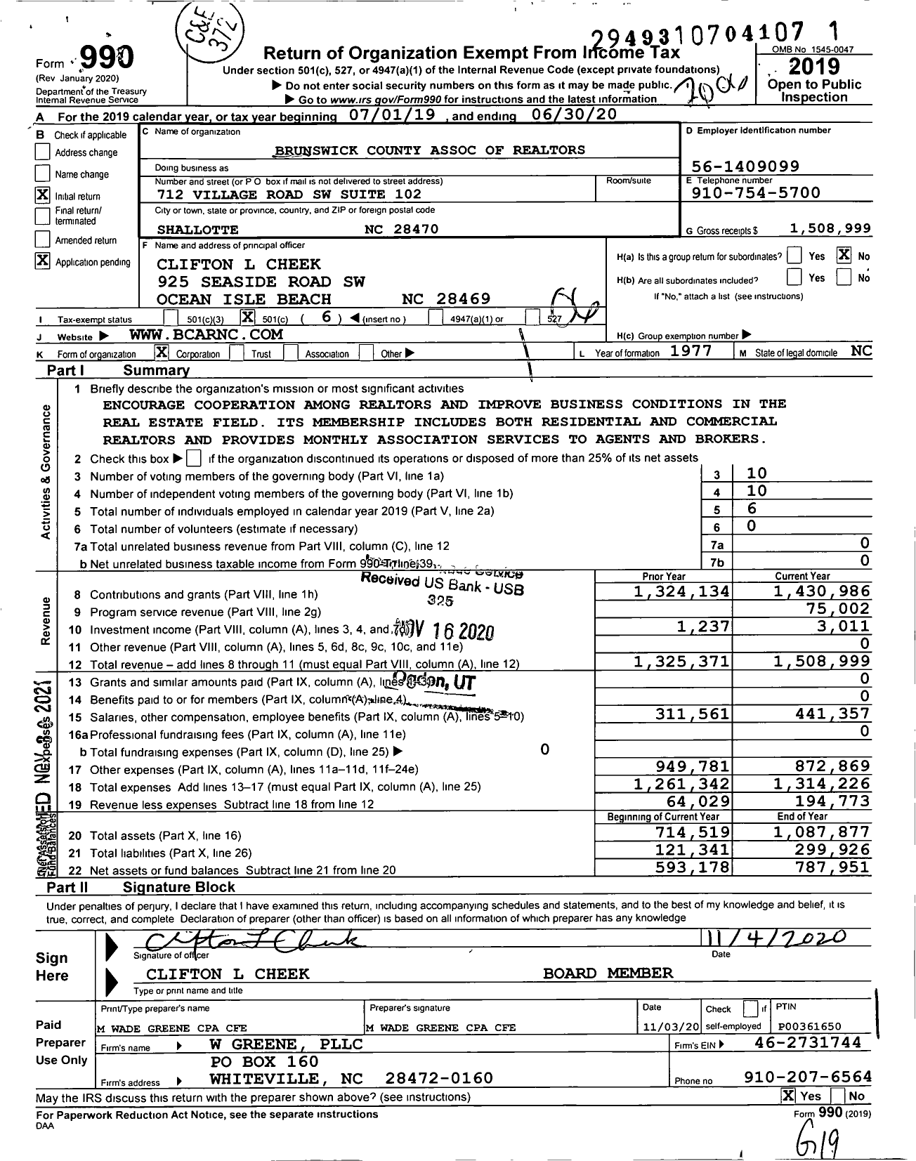 Image of first page of 2019 Form 990O for Brunswick County Association of Realtors