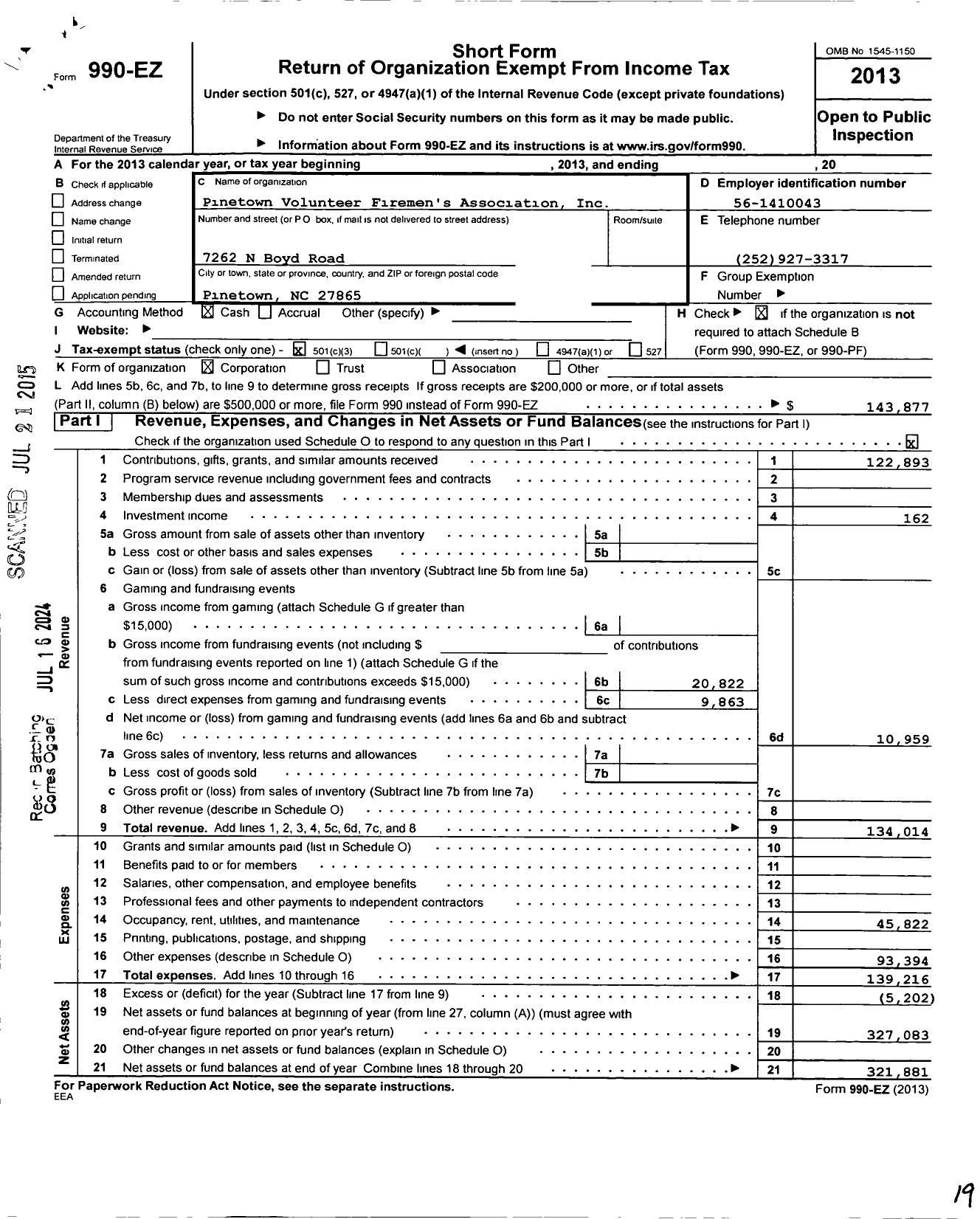 Image of first page of 2013 Form 990EZ for Pinetown Volunteer Firemen's Association