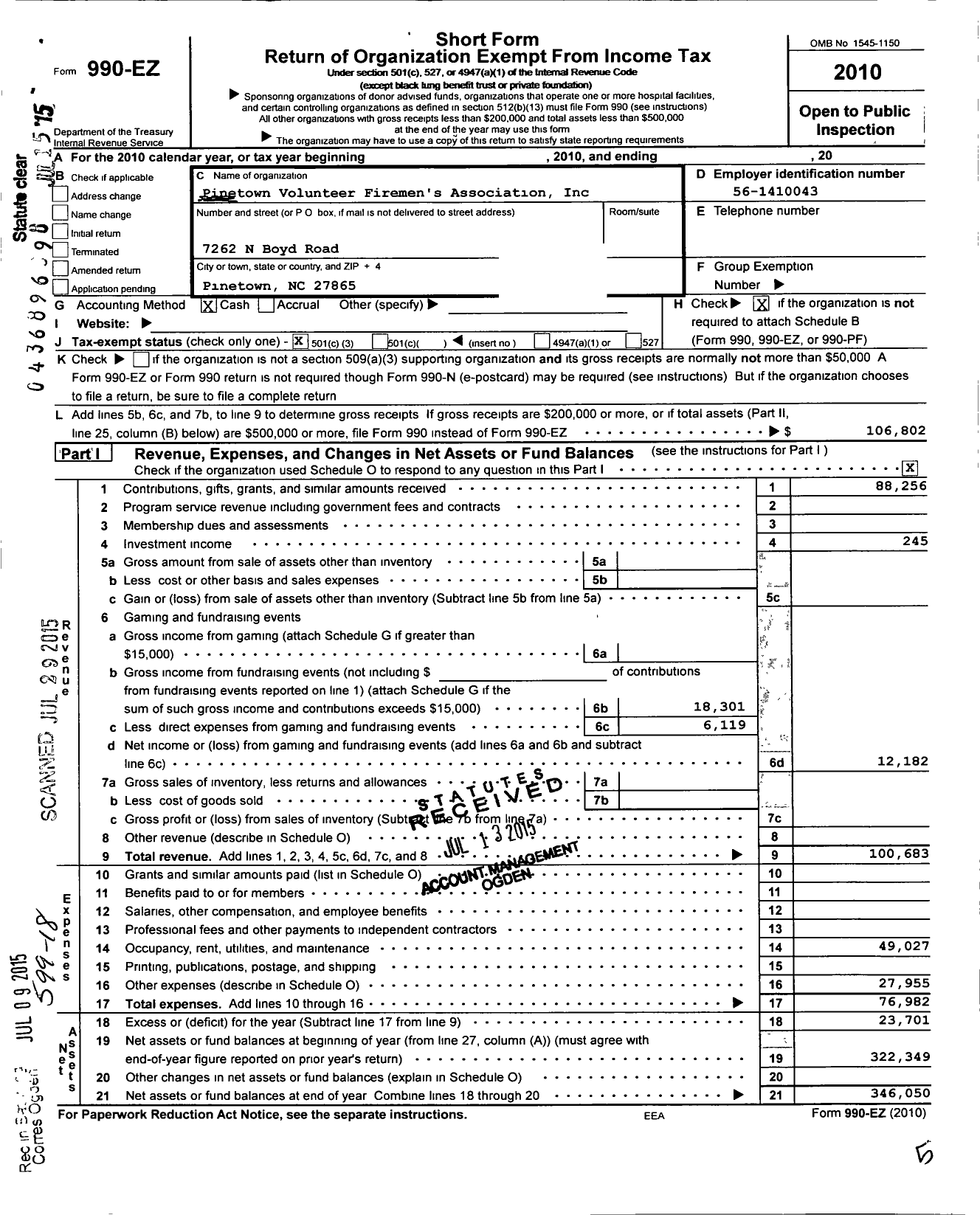 Image of first page of 2010 Form 990EZ for Pinetown Volunteer Firemen's Association