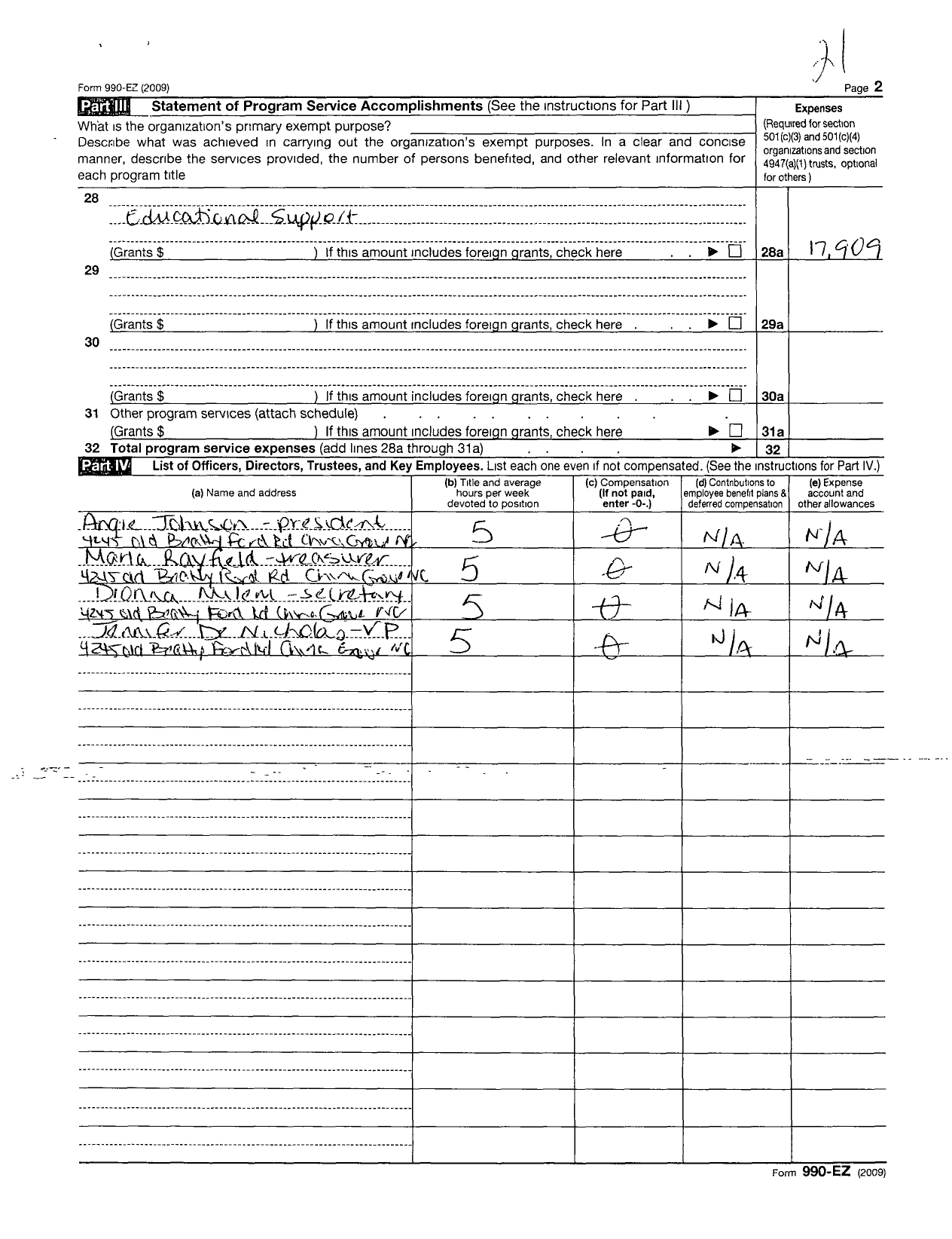 Image of first page of 2009 Form 990ER for North Carolina PTA - Bostian Elementary School