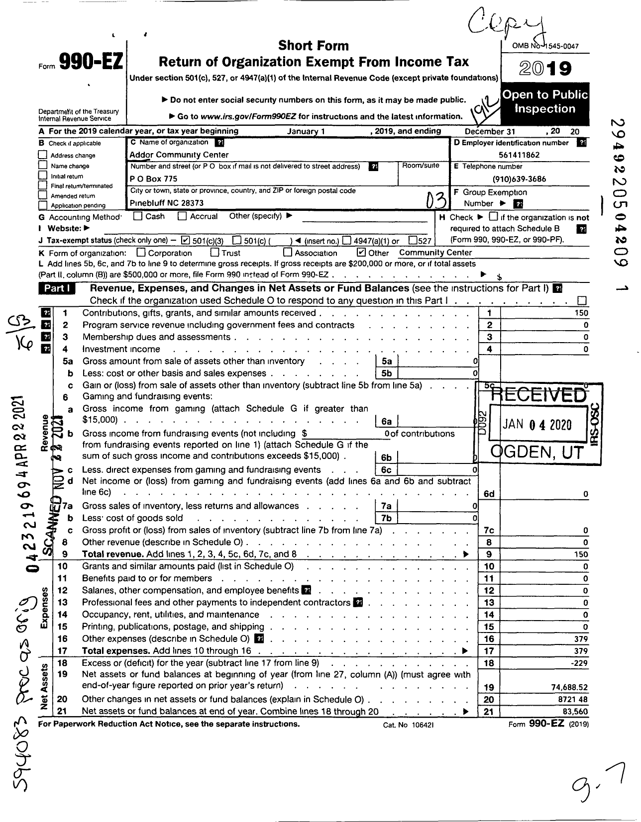 Image of first page of 2019 Form 990EZ for Addor Community Center