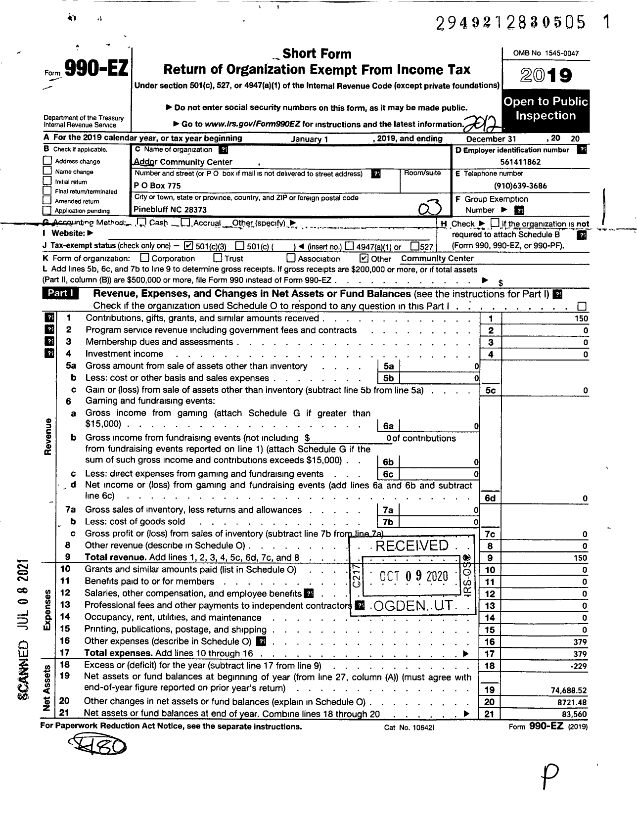 Image of first page of 2020 Form 990EZ for Addor Community Center