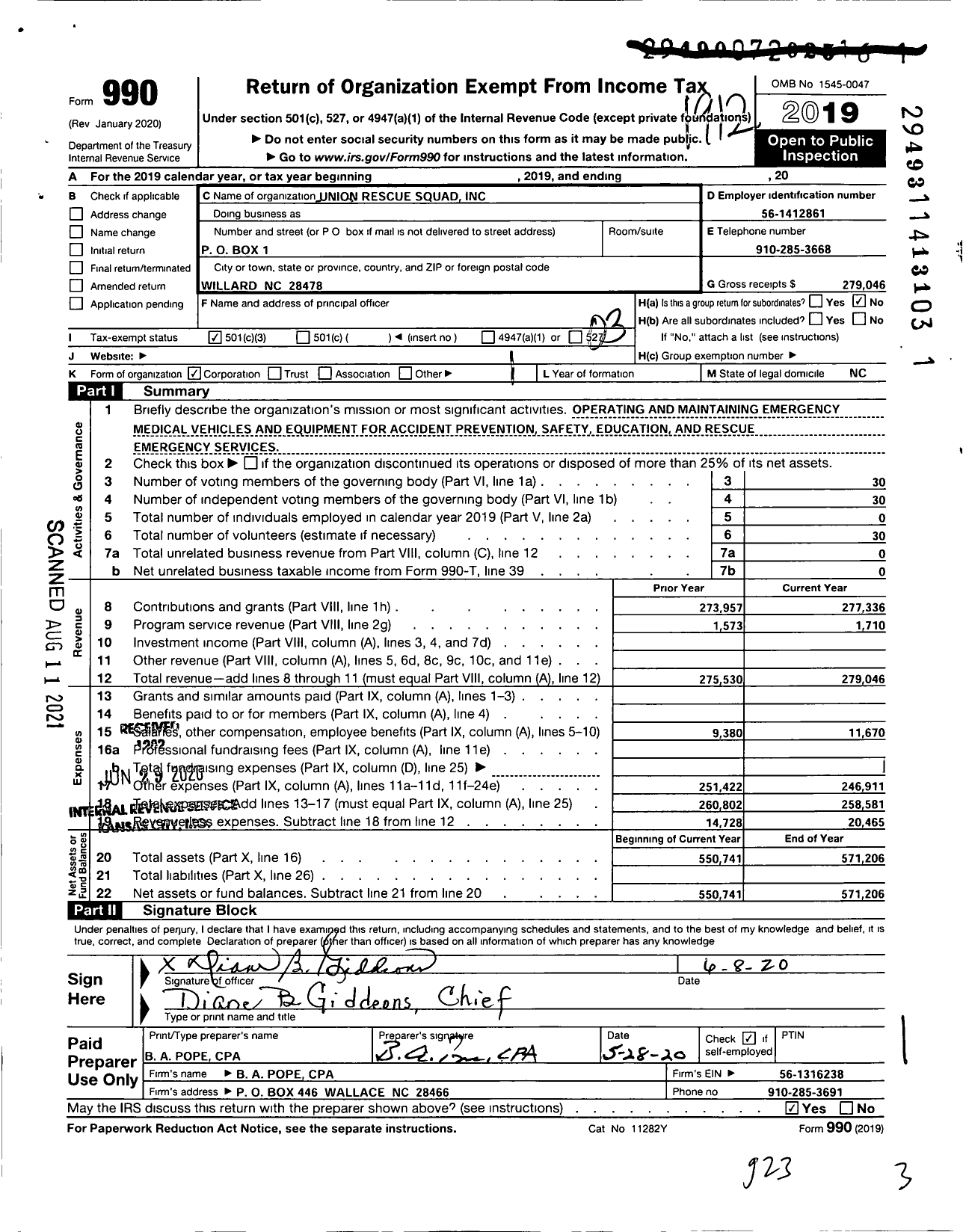 Image of first page of 2019 Form 990 for Union Rescue Squad