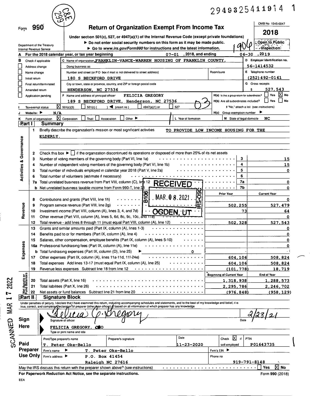 Image of first page of 2018 Form 990 for Franklin-Vance-Warren Housing of Franklin County