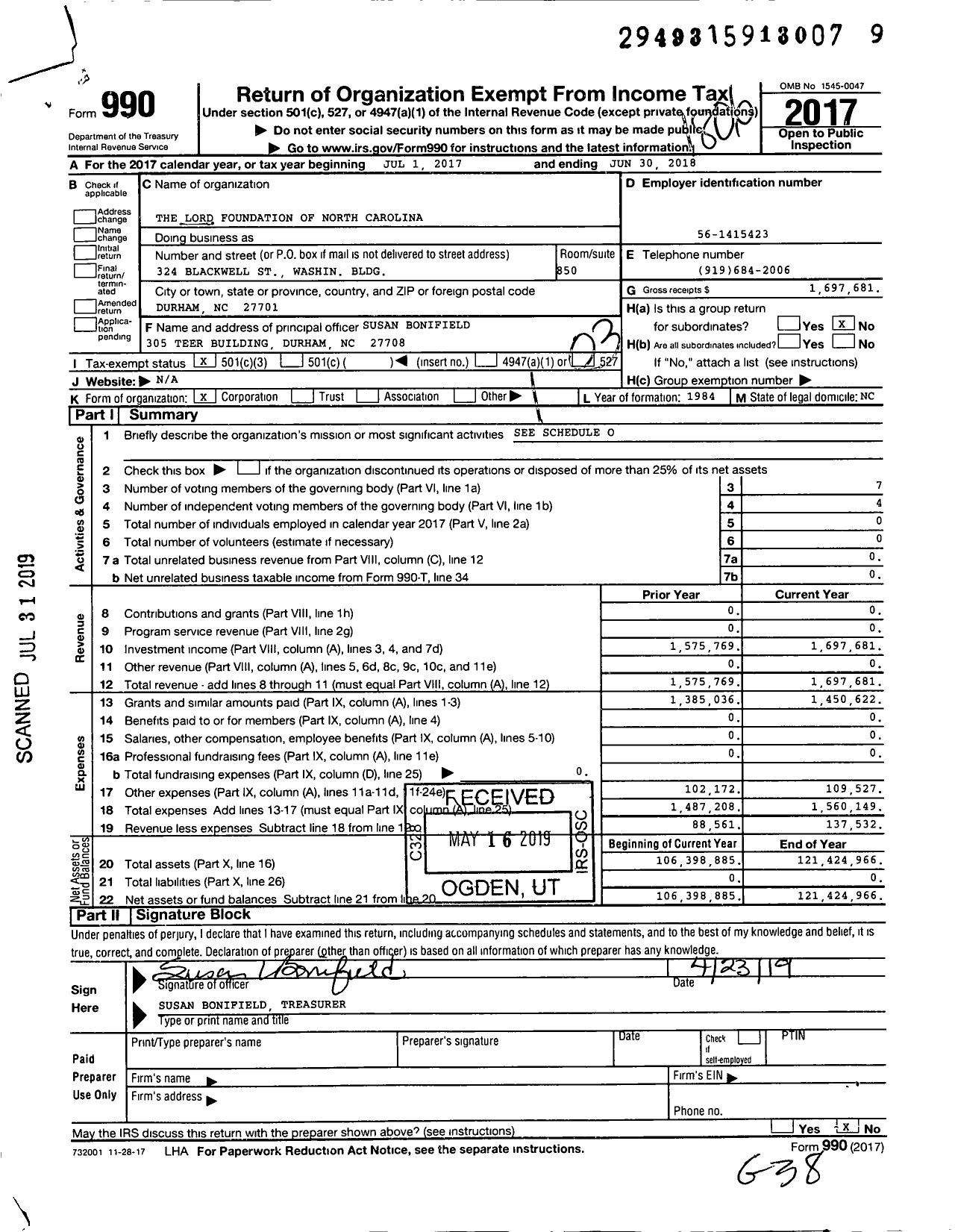 Image of first page of 2017 Form 990 for The Lord Foundation of North Carolina